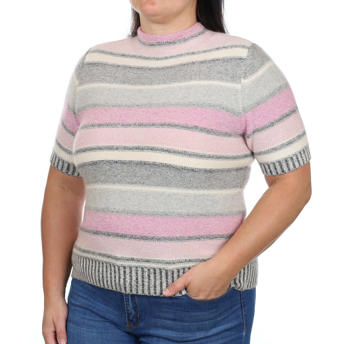 Pink and Grey Striped Cashmere Turtle Neck Short Sleeved Jumper Large