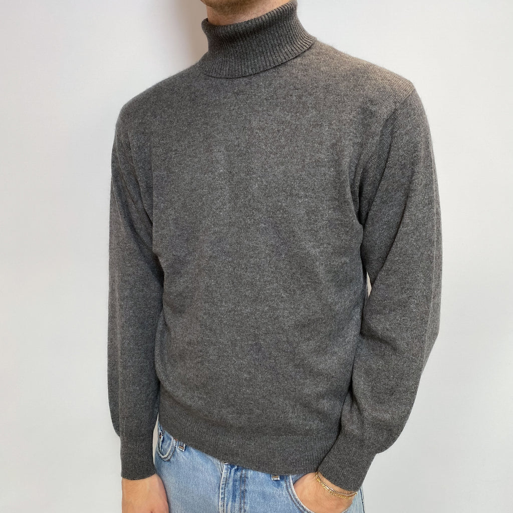 Men's Slate Grey Cashmere Polo Neck Jumper Large