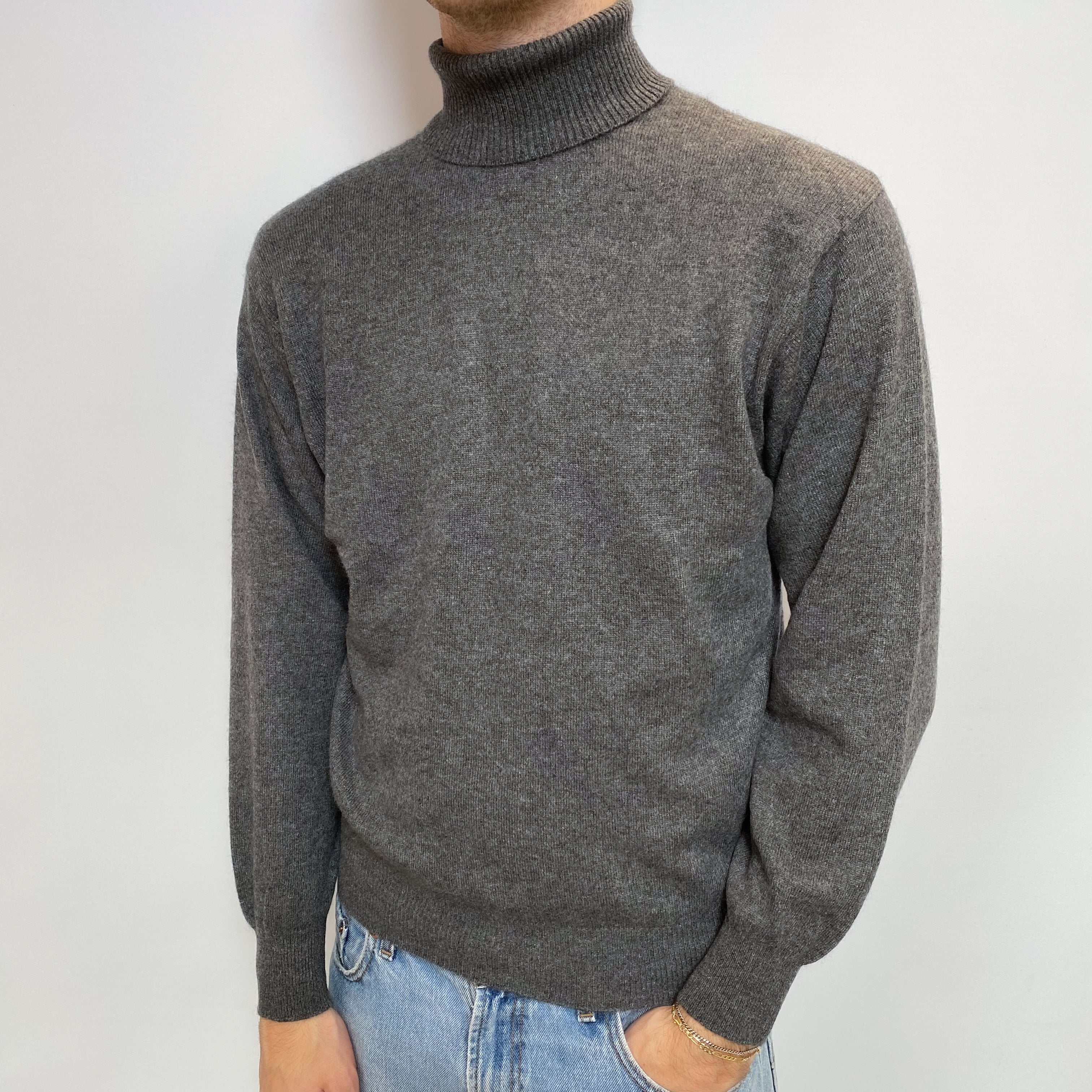 Men's Slate Grey Cashmere Polo Neck Jumper Large