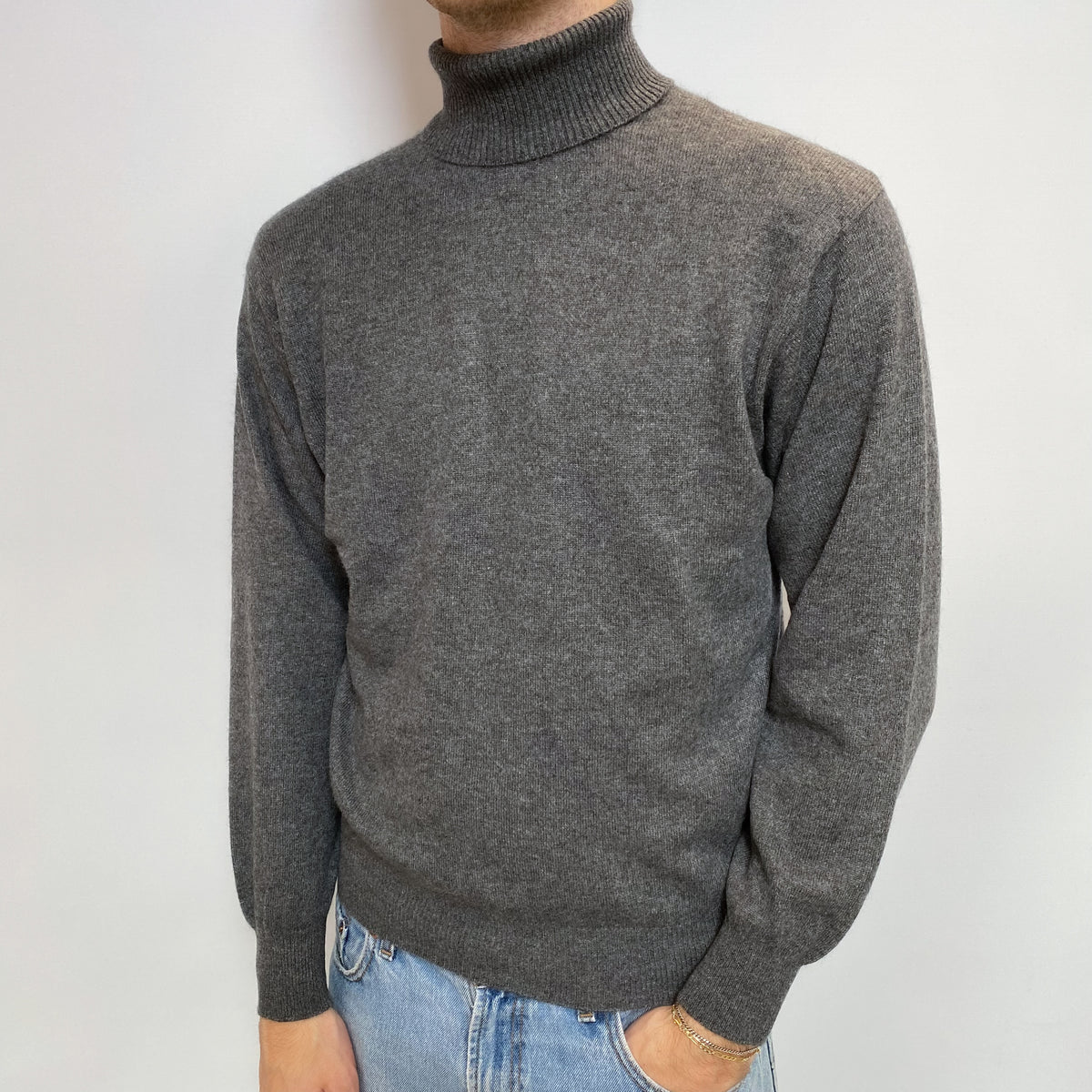 Men's Slate Grey Cashmere Polo Neck Jumper Large