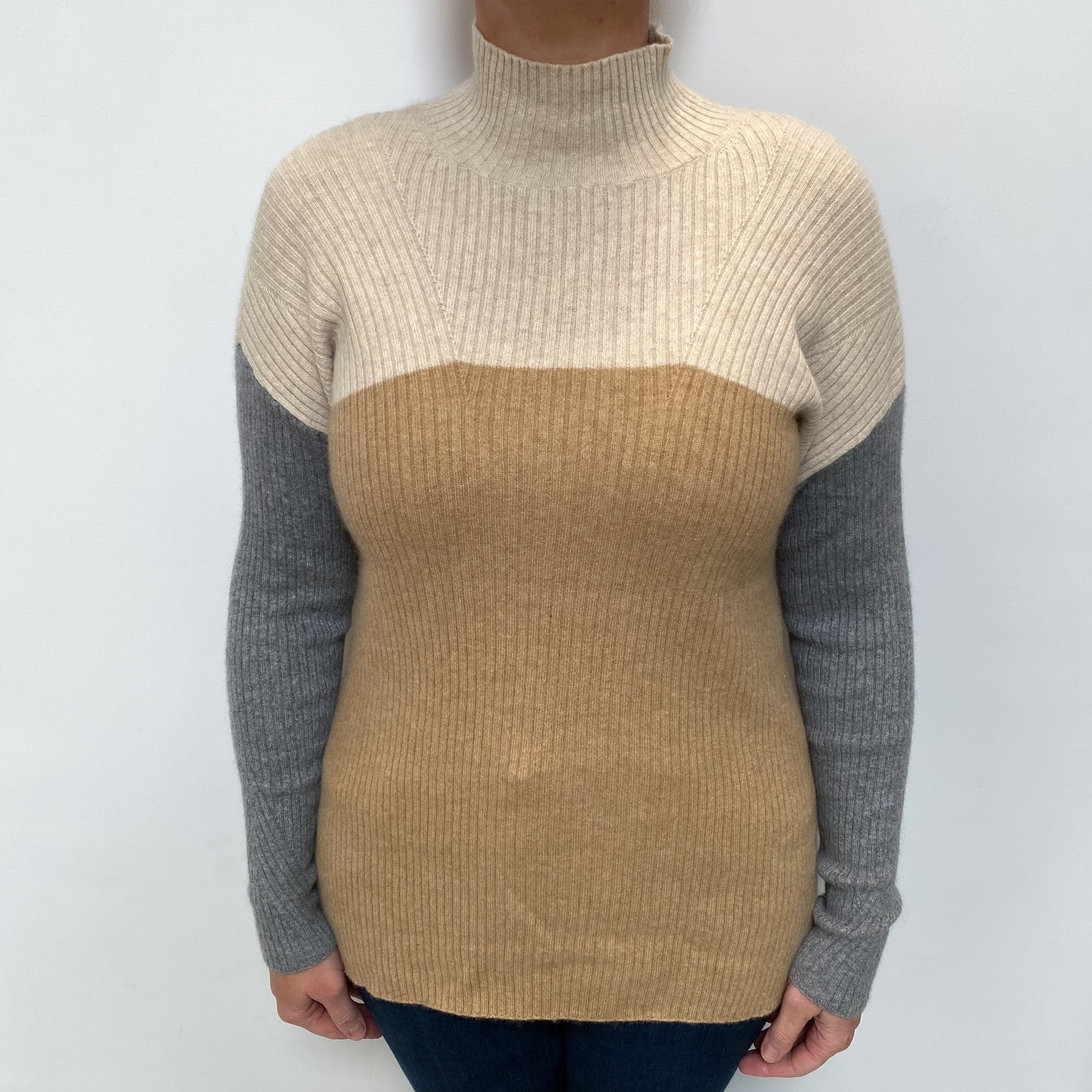 Camel Beige Colour Block Cashmere Polo Neck Jumper Large