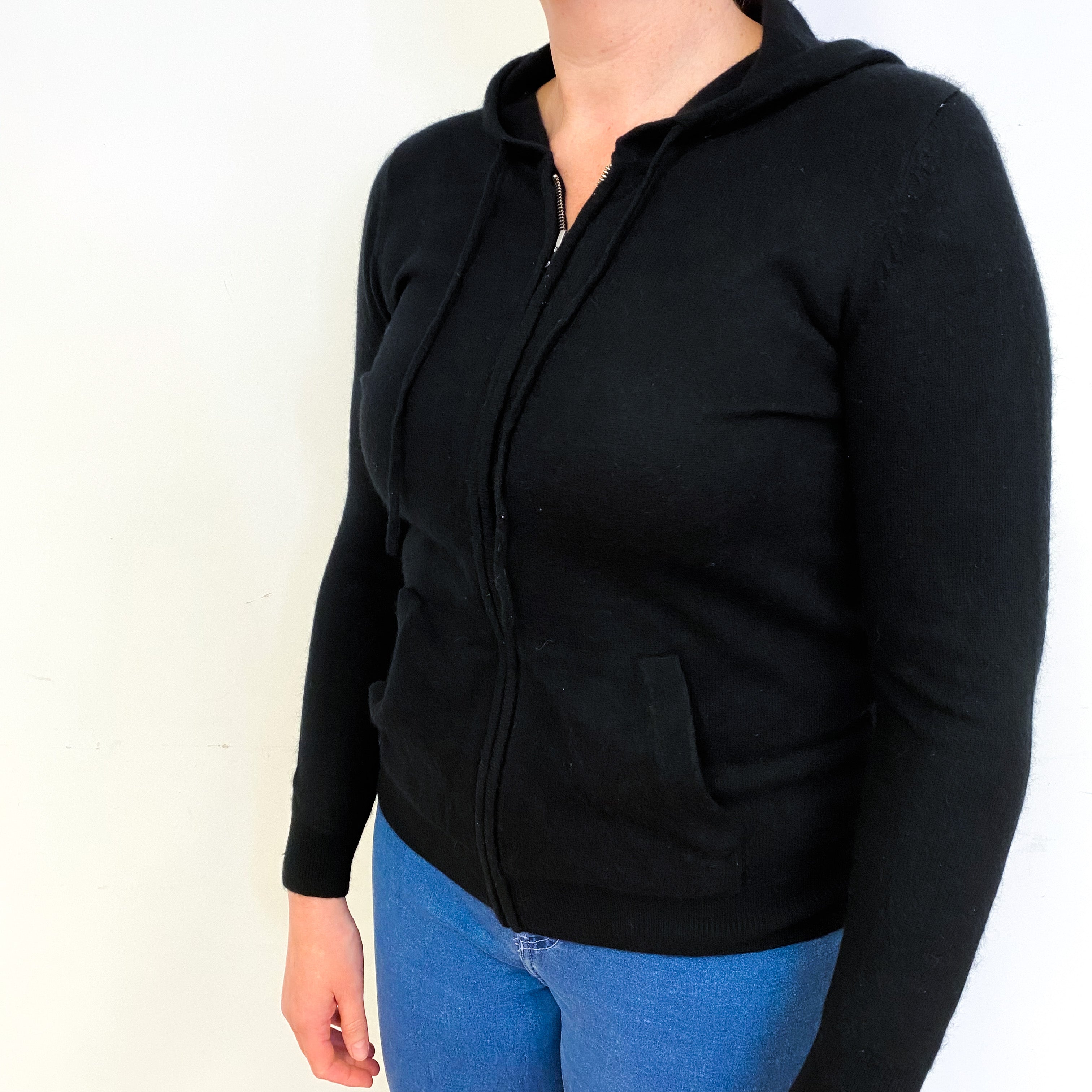 Black Cashmere Hoodie Cardigan with Pockets Large