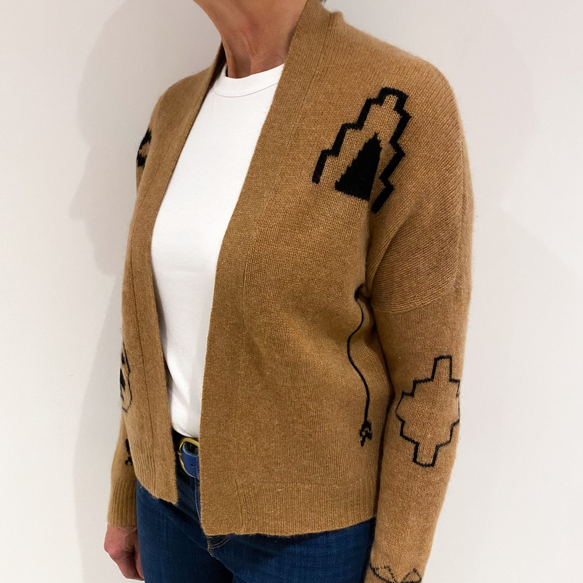 Butterscotch Brown Aztec Design Cashmere Slouchy Fit Cardigan Medium