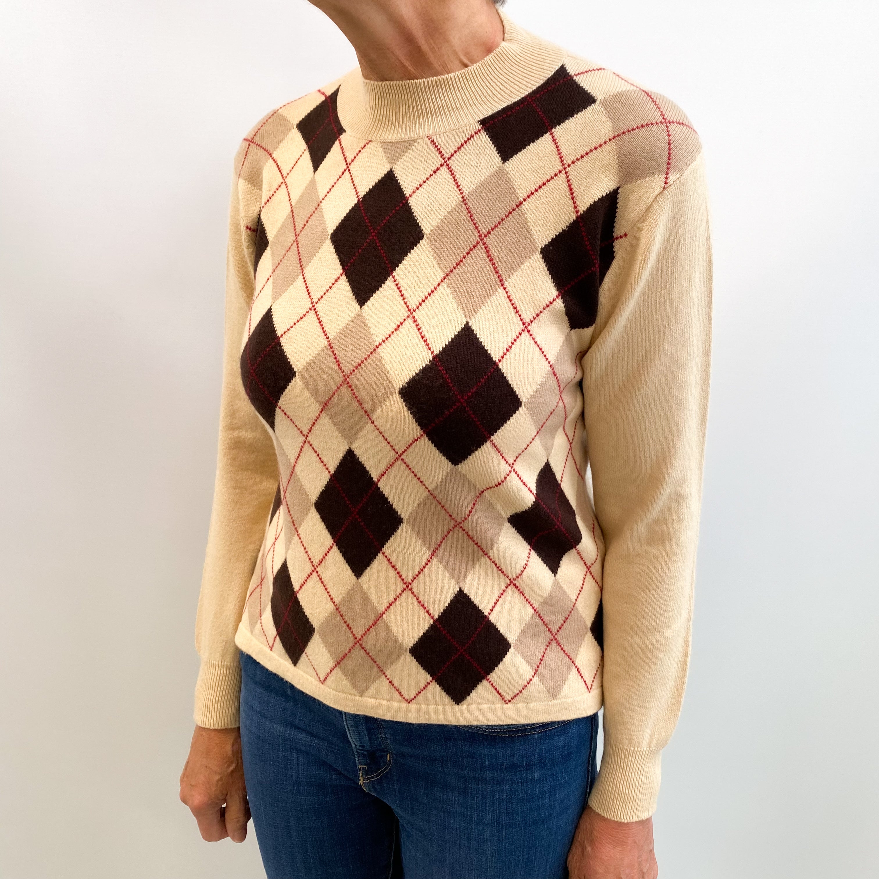 Beige Argyle Cashmere Turtle Neck Jumper Medium