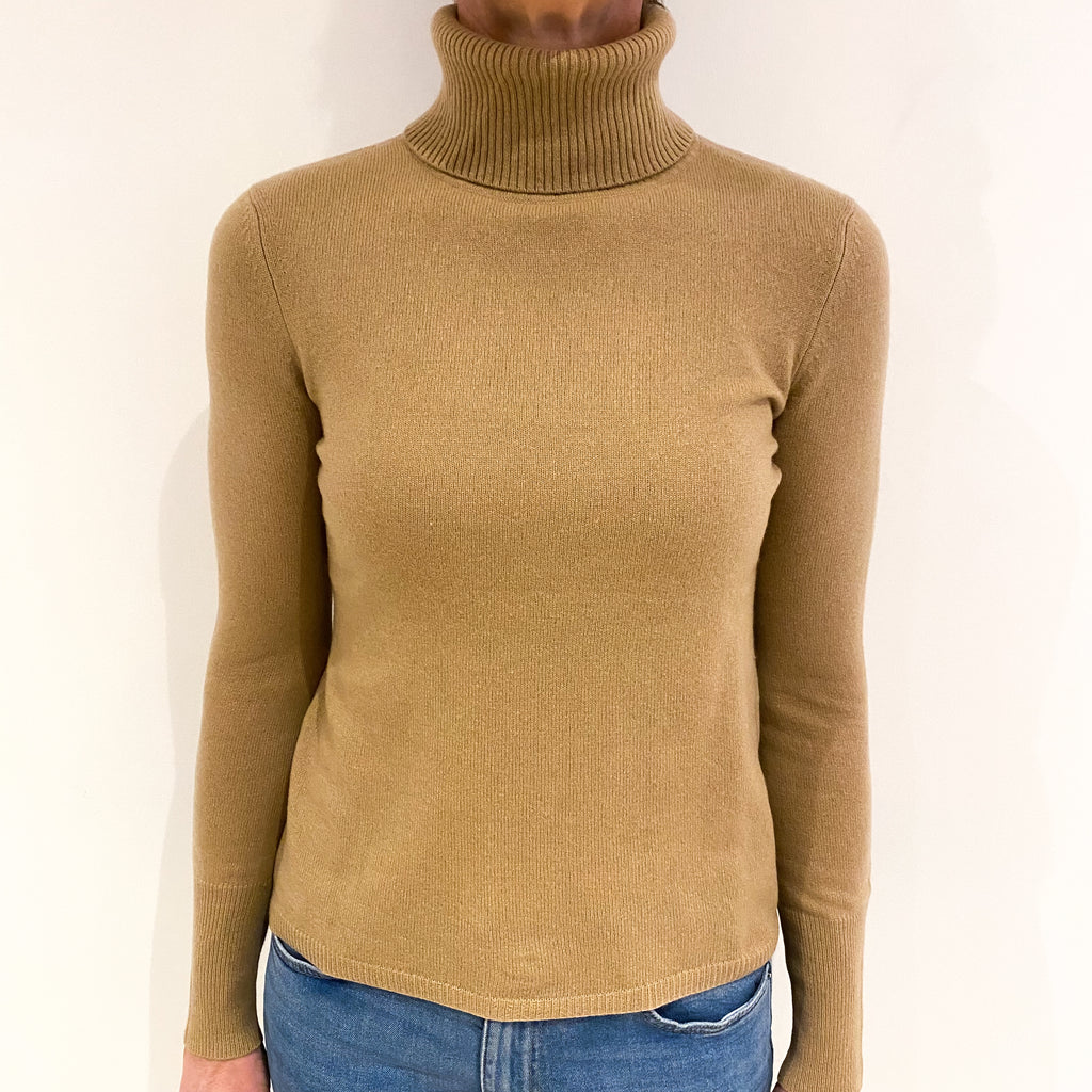 Camel Brown Cashmere Polo Neck Jumper Small