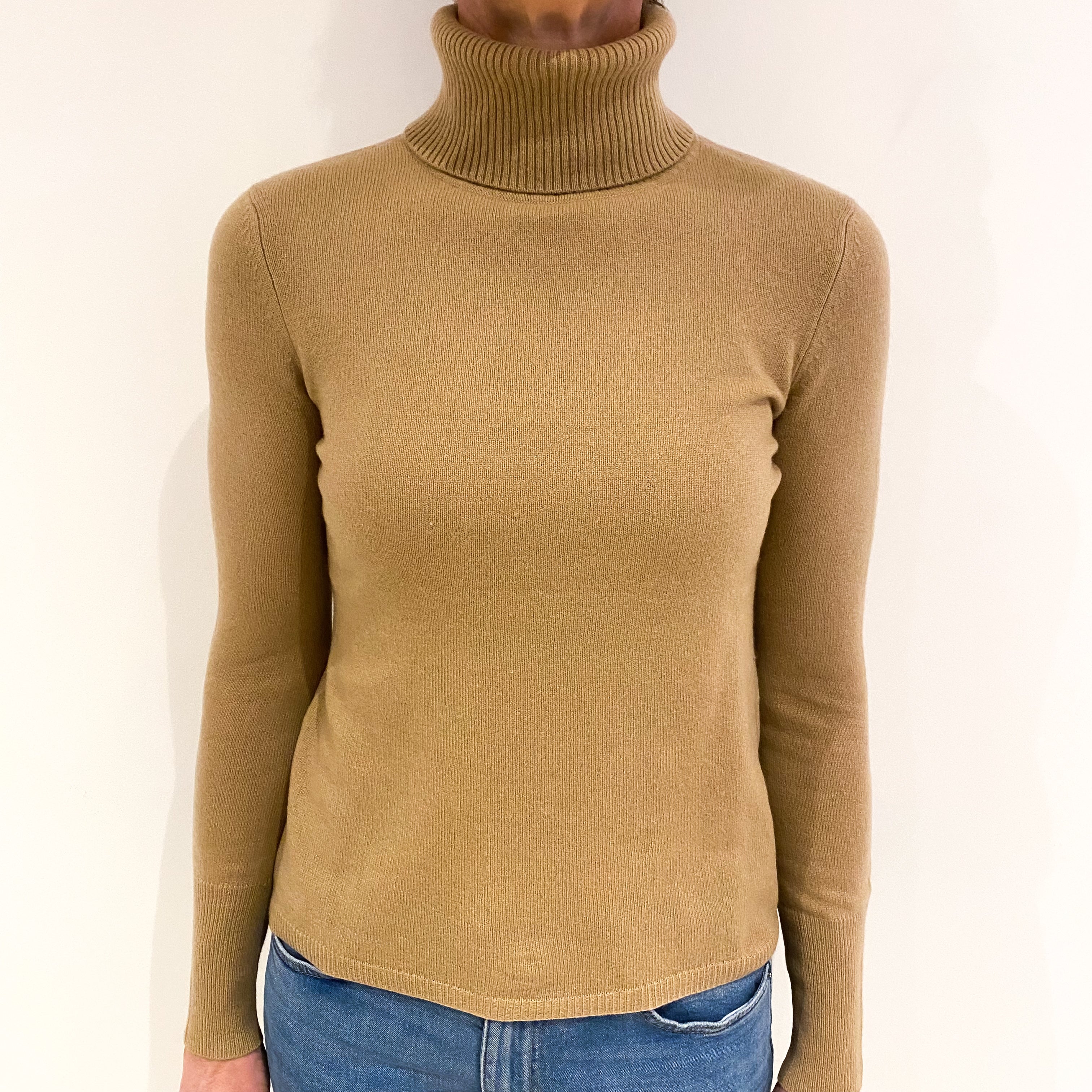 Camel Brown Cashmere Polo Neck Jumper Small