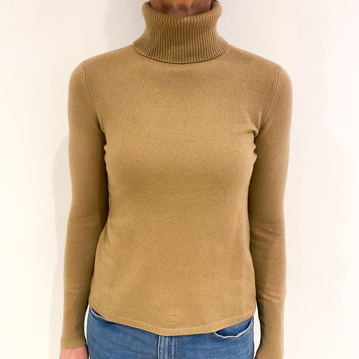 Camel Brown Cashmere Polo Neck Jumper Small