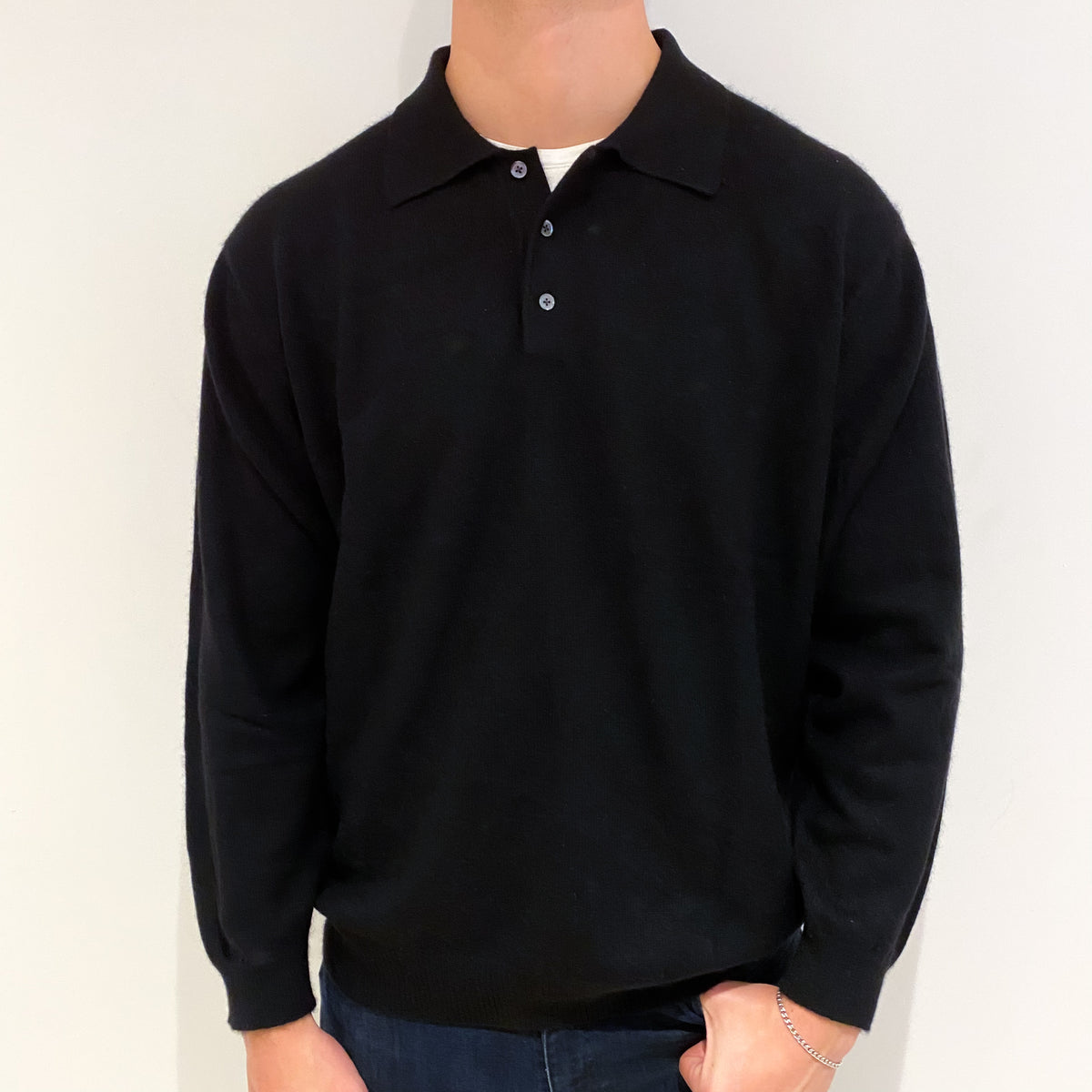 Men's Black Collar 1/4 Button Cashmere Jumper Extra Large