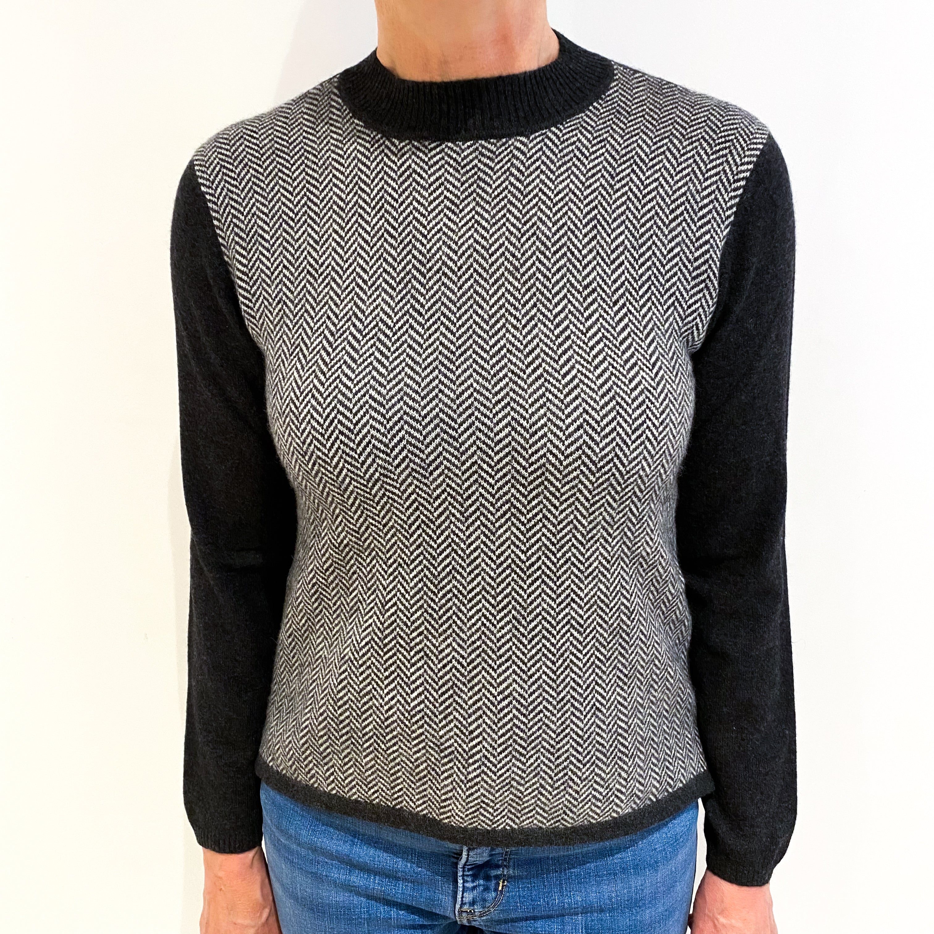 Charcoal Grey Herringbone Pattern Cashmere Turtle Neck Jumper Medium