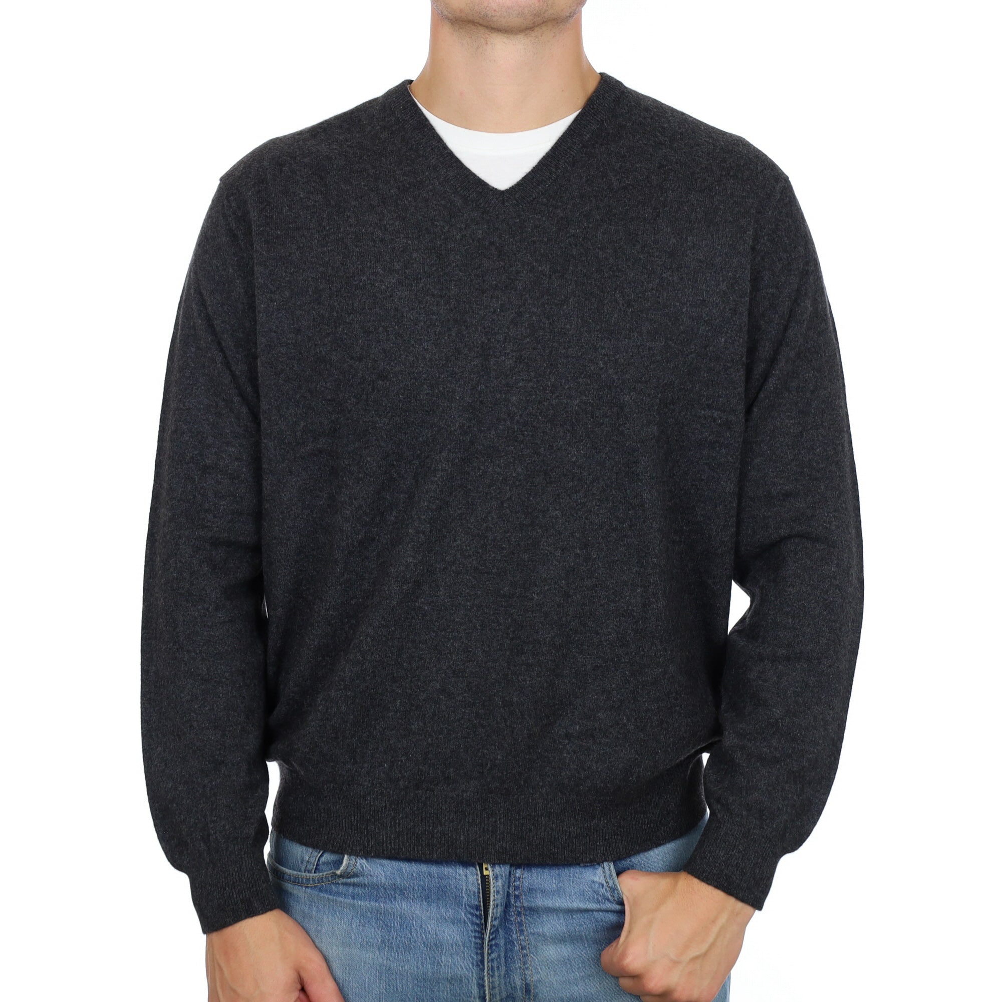 Men's Charcoal Grey Cashmere V Neck Jumper XL