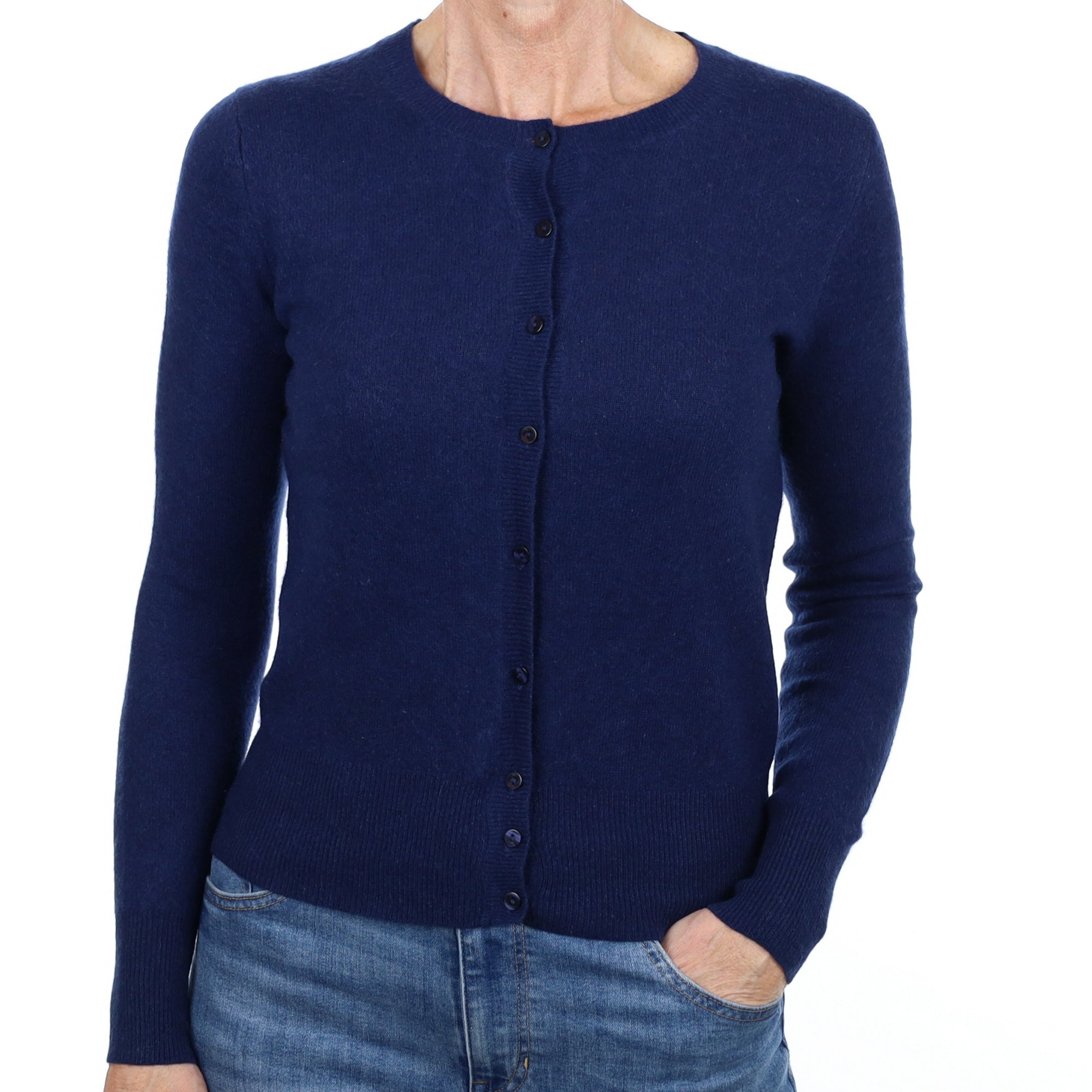 French Navy Cashmere Crew Neck Cardigan Small