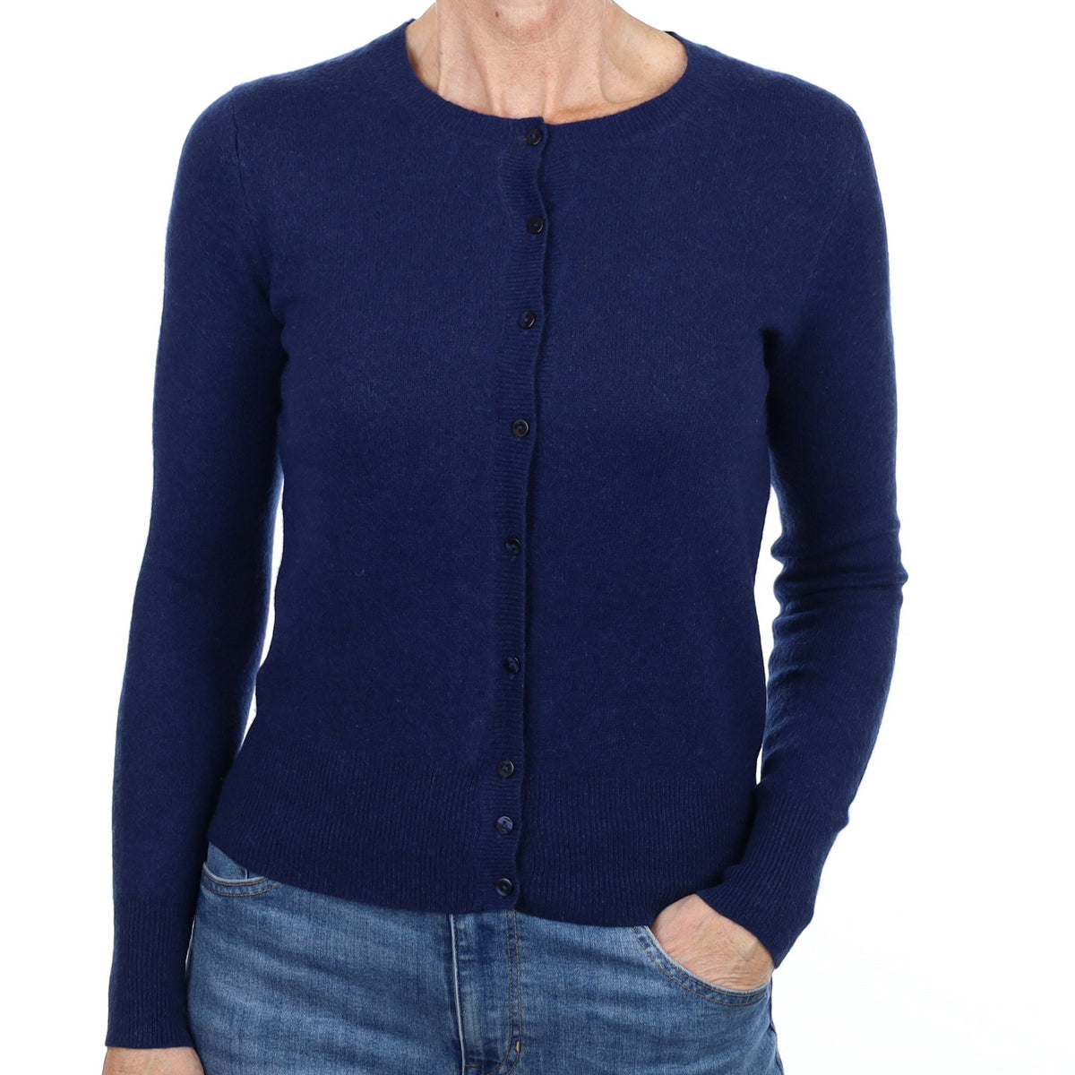 French Navy Cashmere Crew Neck Cardigan Small