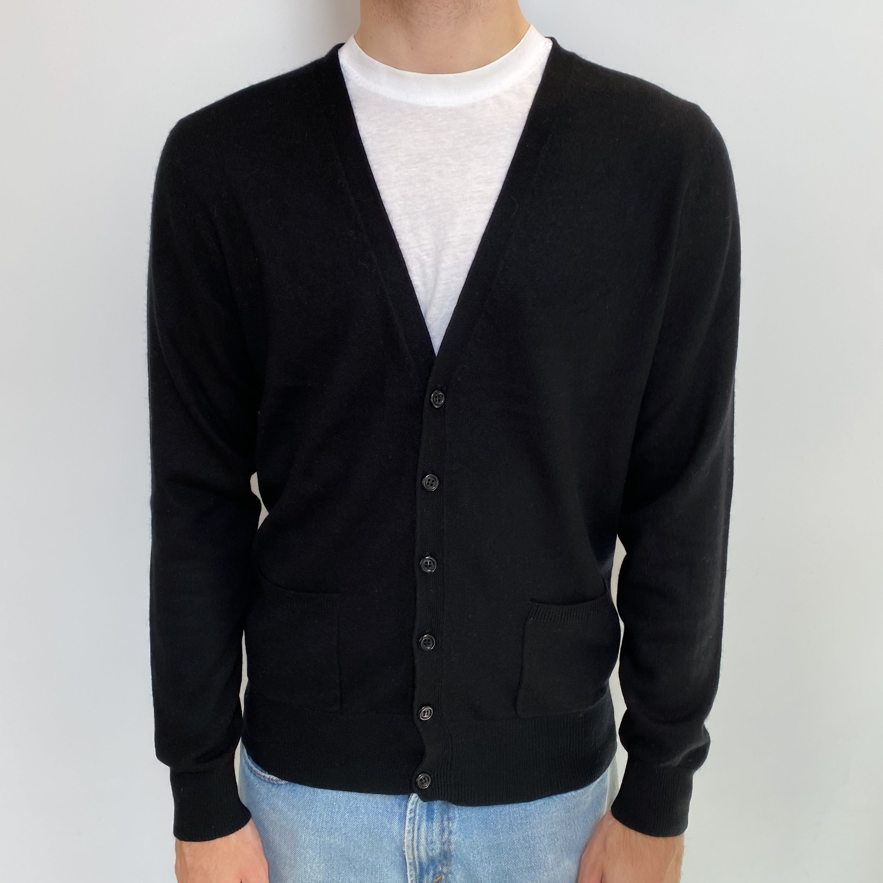 Men's Black Cashmere V Neck Cardigan Large