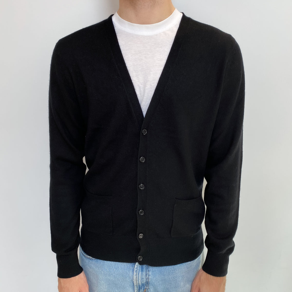 Men's Black Cashmere V Neck Cardigan Large