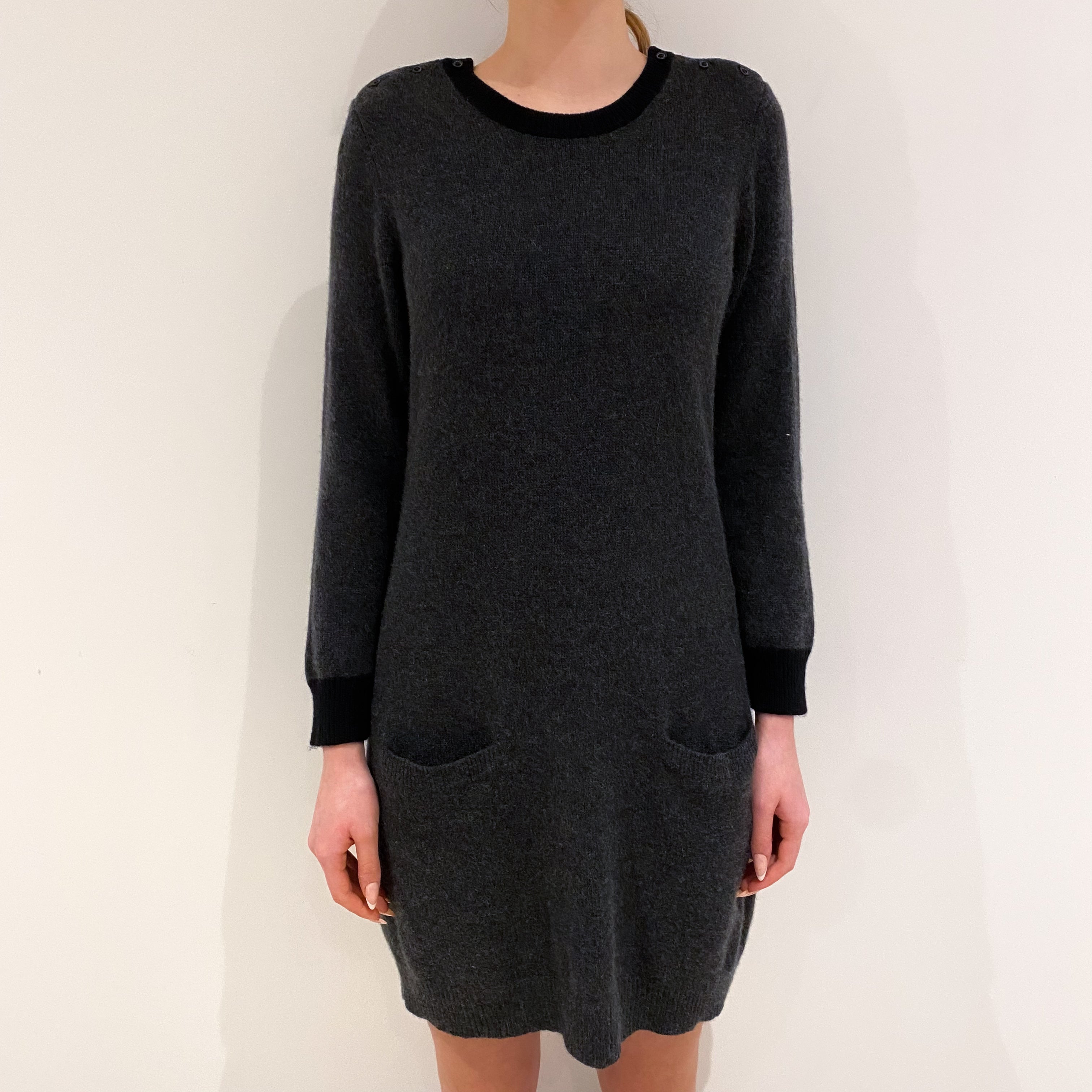 Charcoal Grey Cashmere Crew Neck Dress with Pockets Extra Small