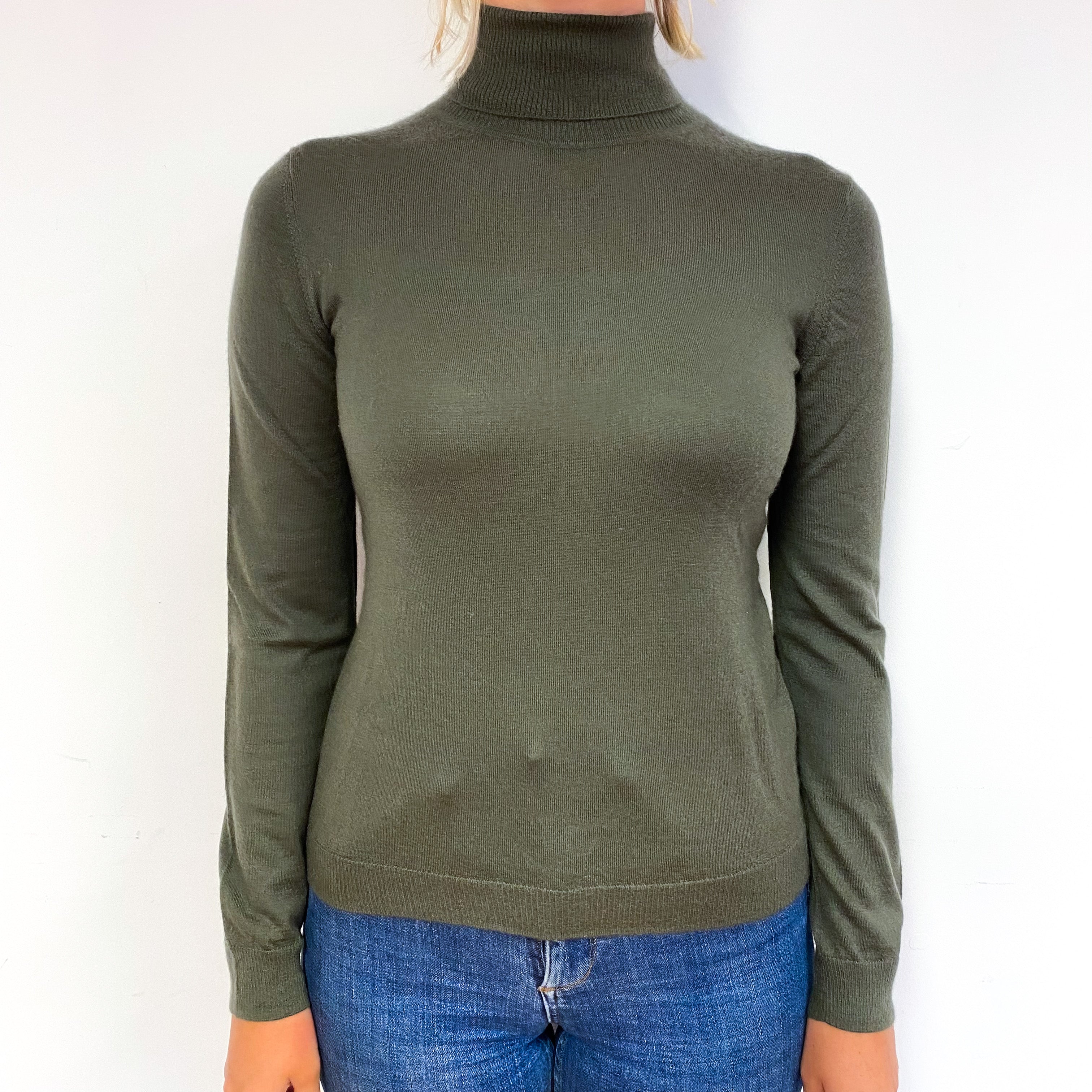 Khaki Green Fine Knit Cashmere Polo Neck Jumper Small