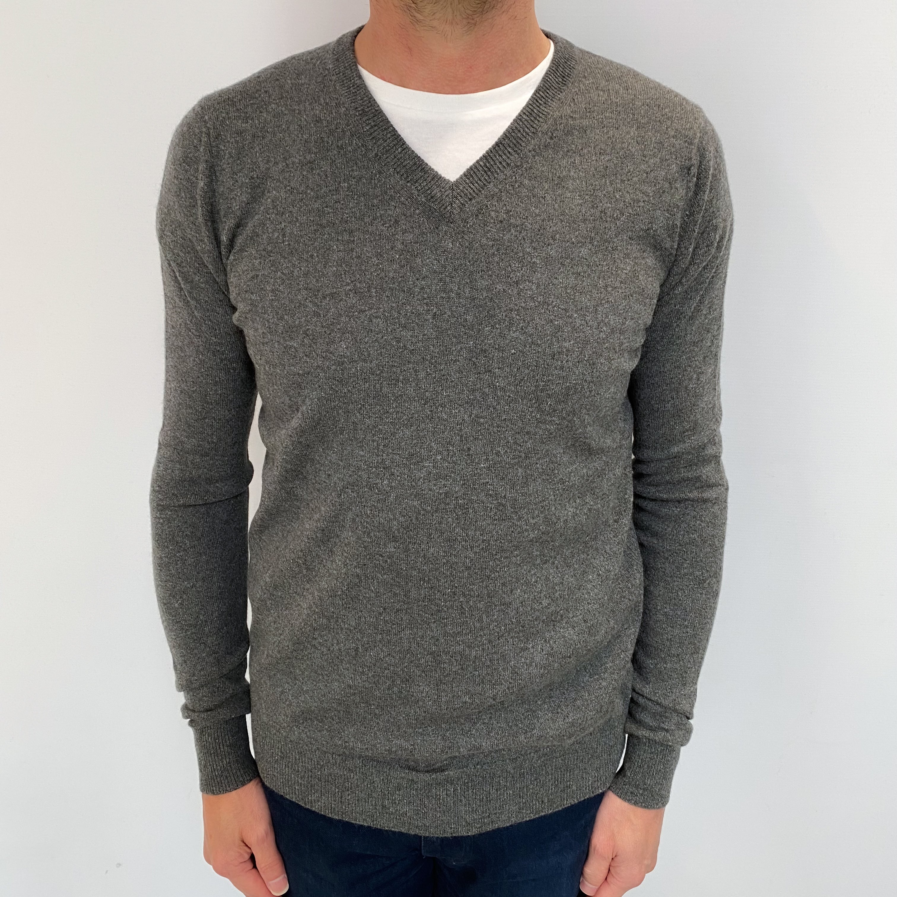 Men's Slate Grey Cashmere V Neck Jumper Small