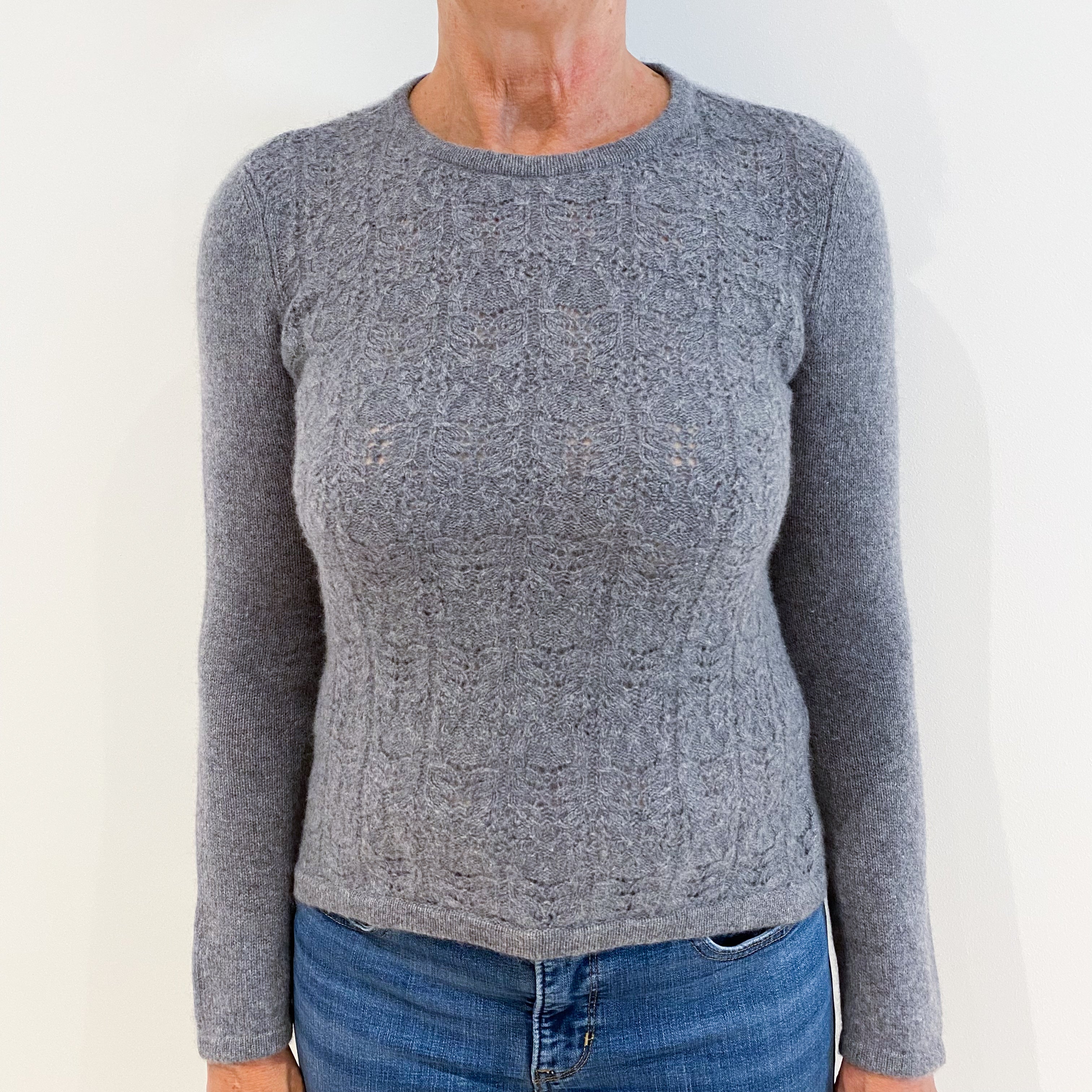 Ash Grey Lace Knit Detail Cashmere Crew Neck Jumper Medium