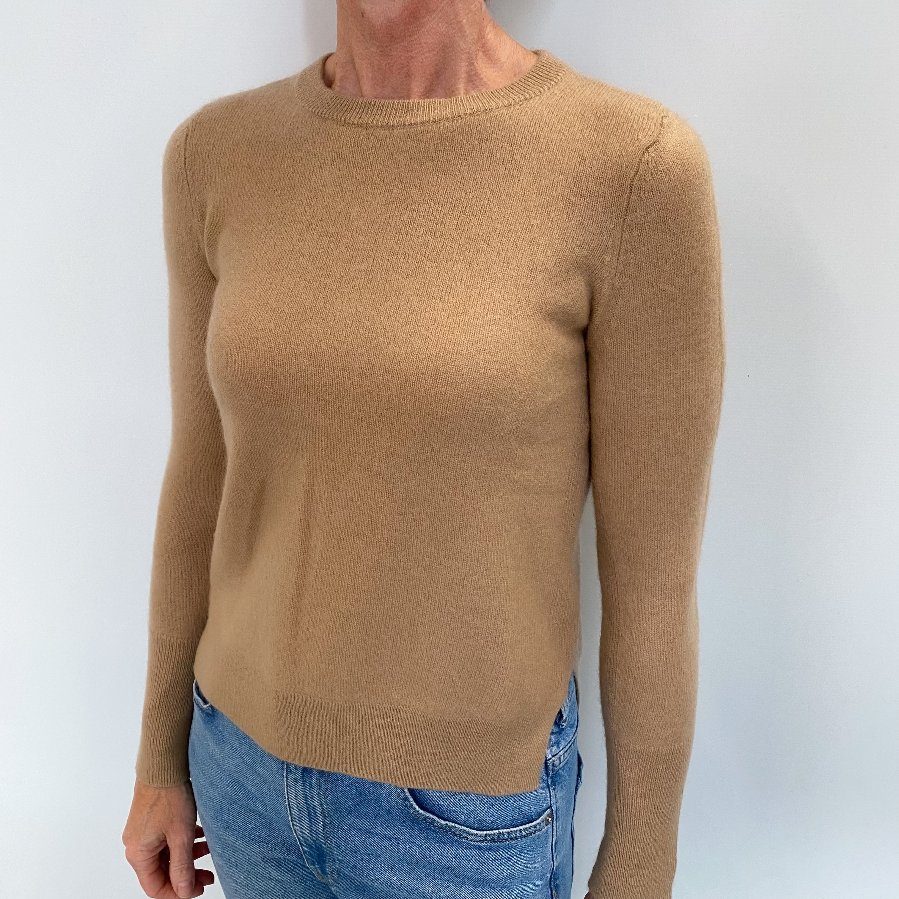 Camel Brown Cashmere Crew Neck Jumper Small
