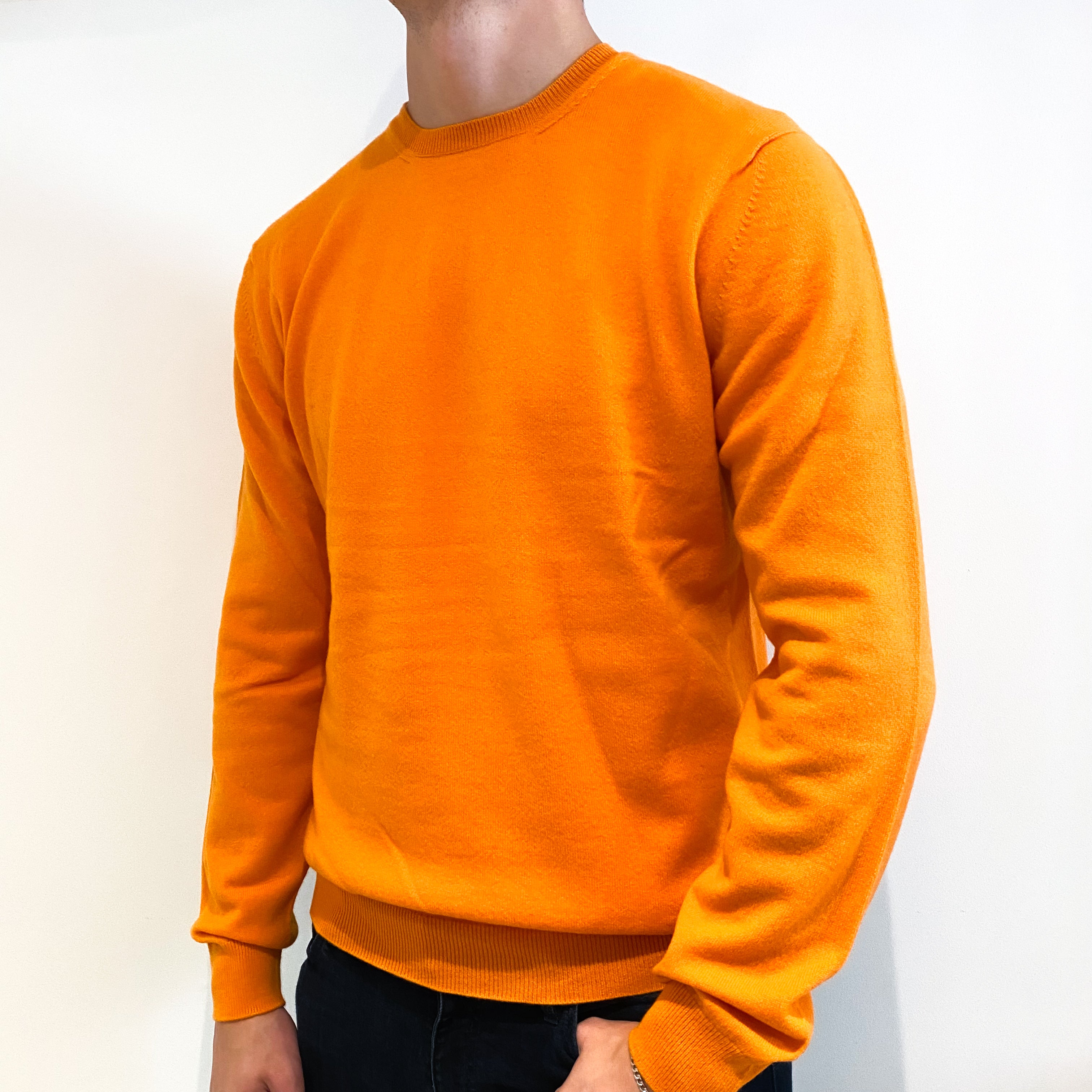 Men's New Scottish Bright Orange Cashmere Crew Neck Jumper Extra Large