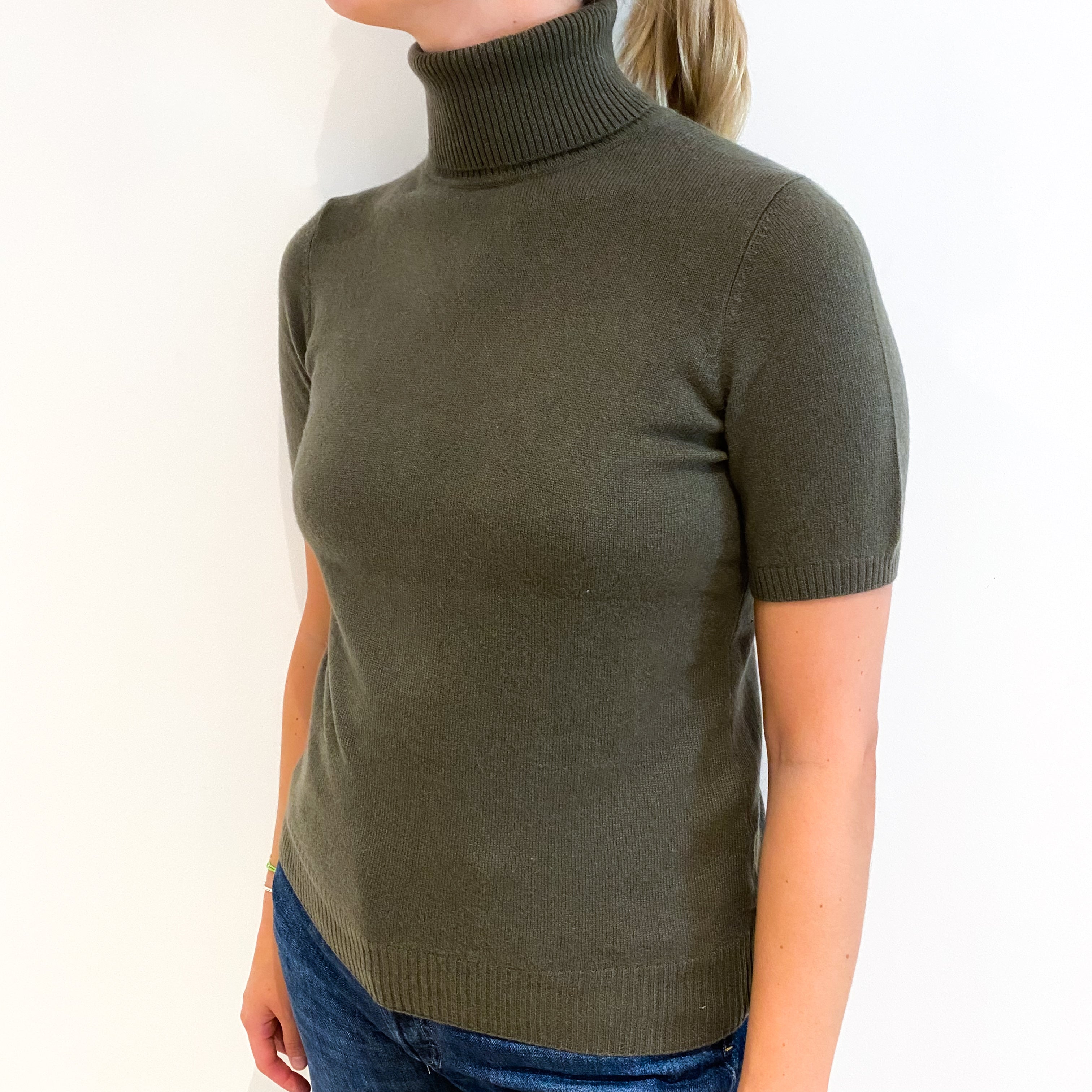 Olive Green Short Sleeve Cashmere Polo Neck Jumper Small