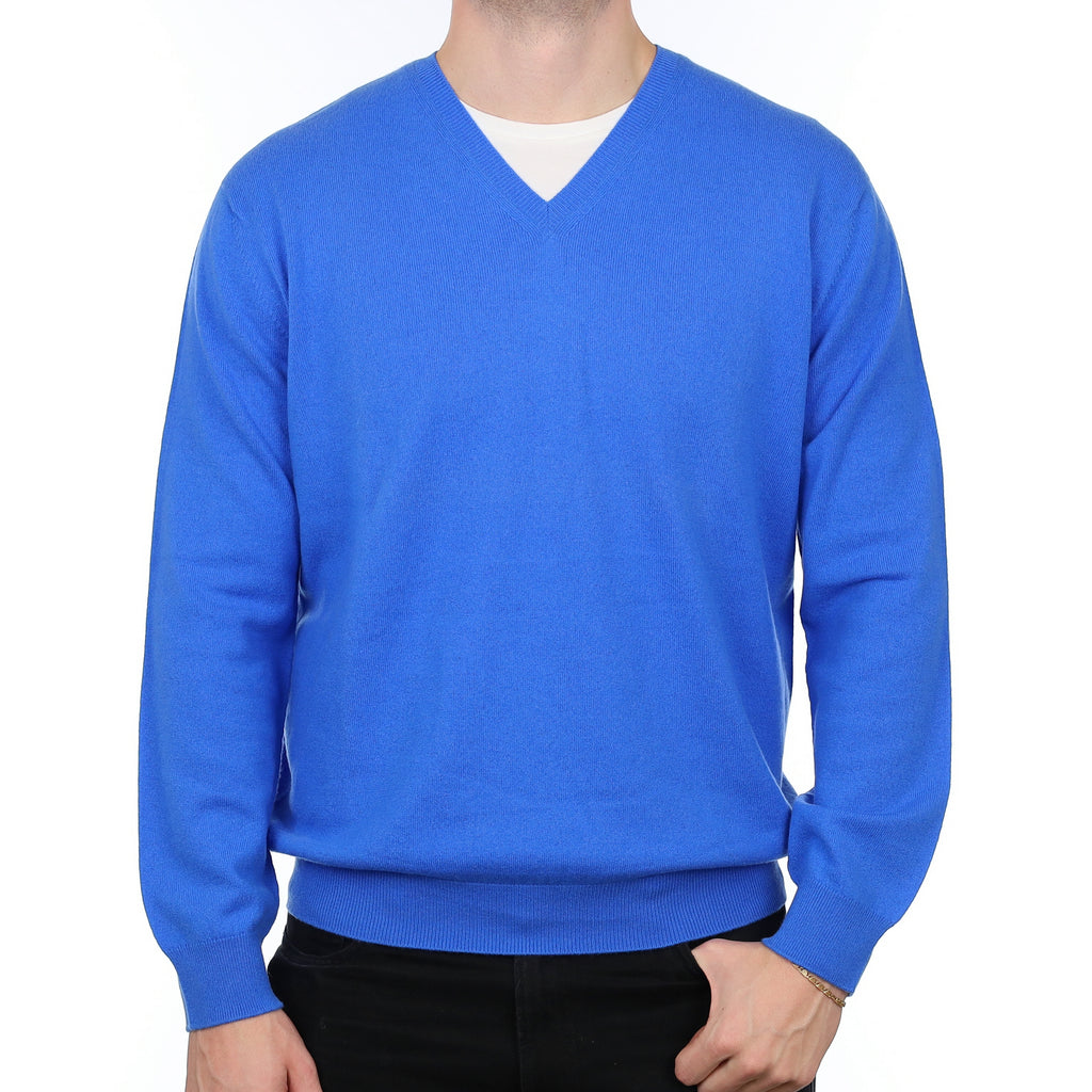 Men’s Brand New Scottish Electric Blue Cashmere V Neck Jumper XXL