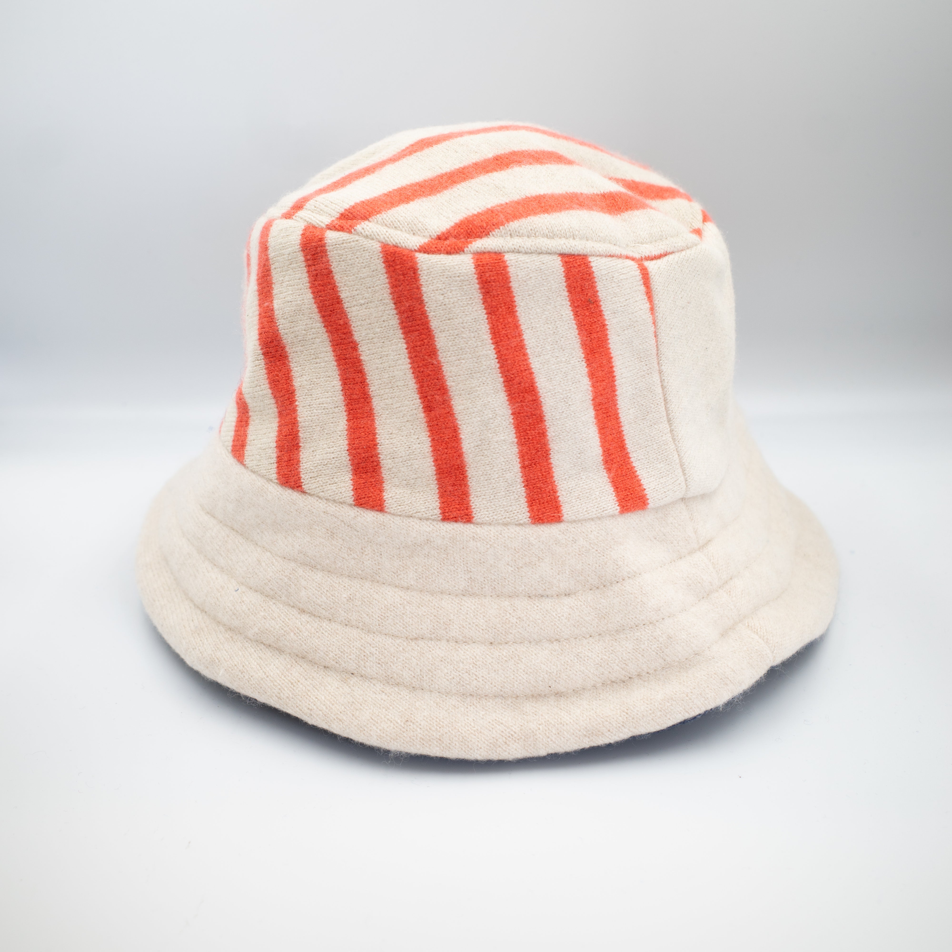 Oatmeal Beige and Orange Stripe Reversible Cashmere Bucket Hat Large