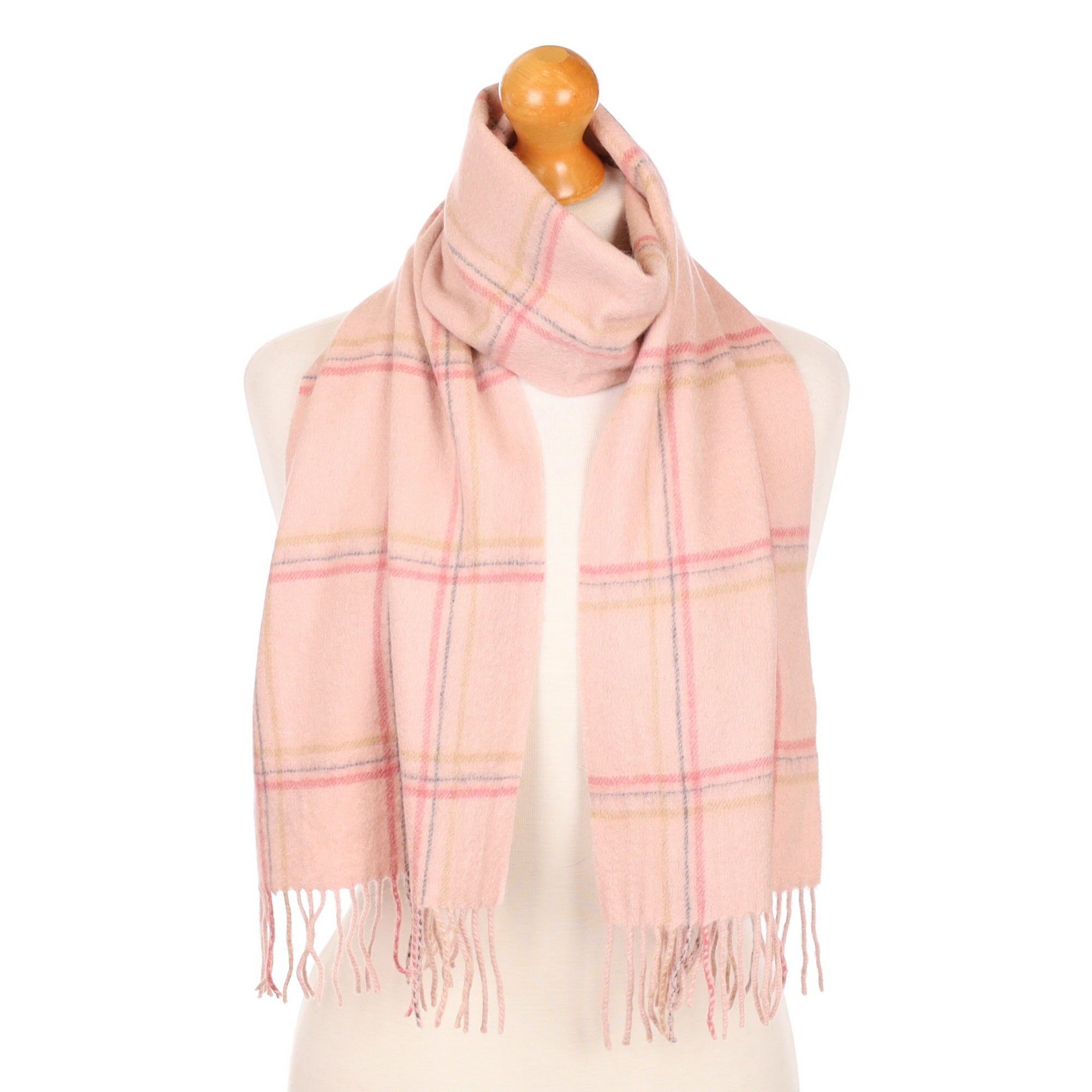 Pink Checked Fringed Cashmere Woven Scarf