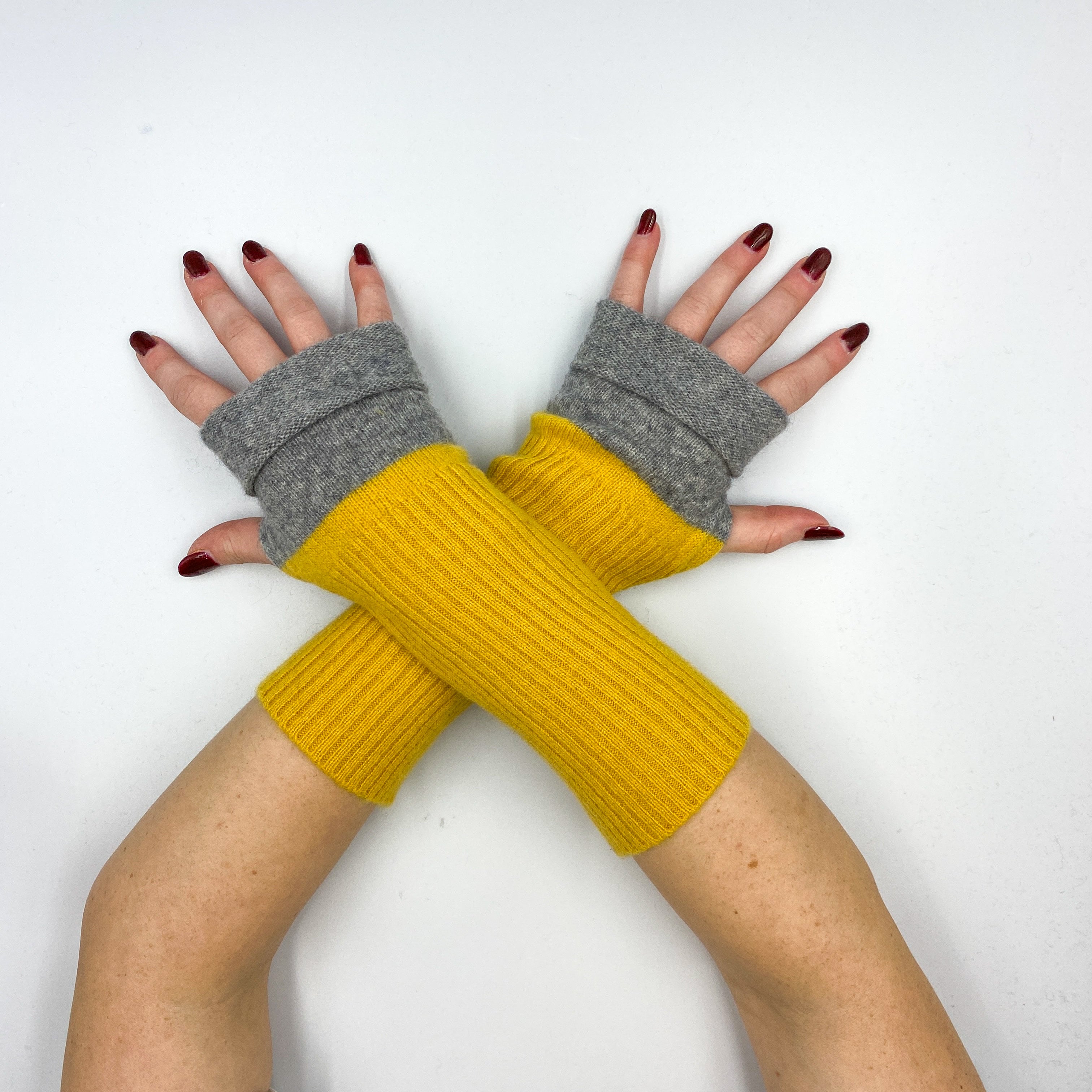Mustard Yellow and Grey Colour Block Ribbed Fingerless Gloves