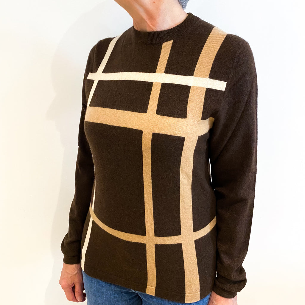 Brown and Caramel Checked Cashmere Crew Neck Jumper Medium
