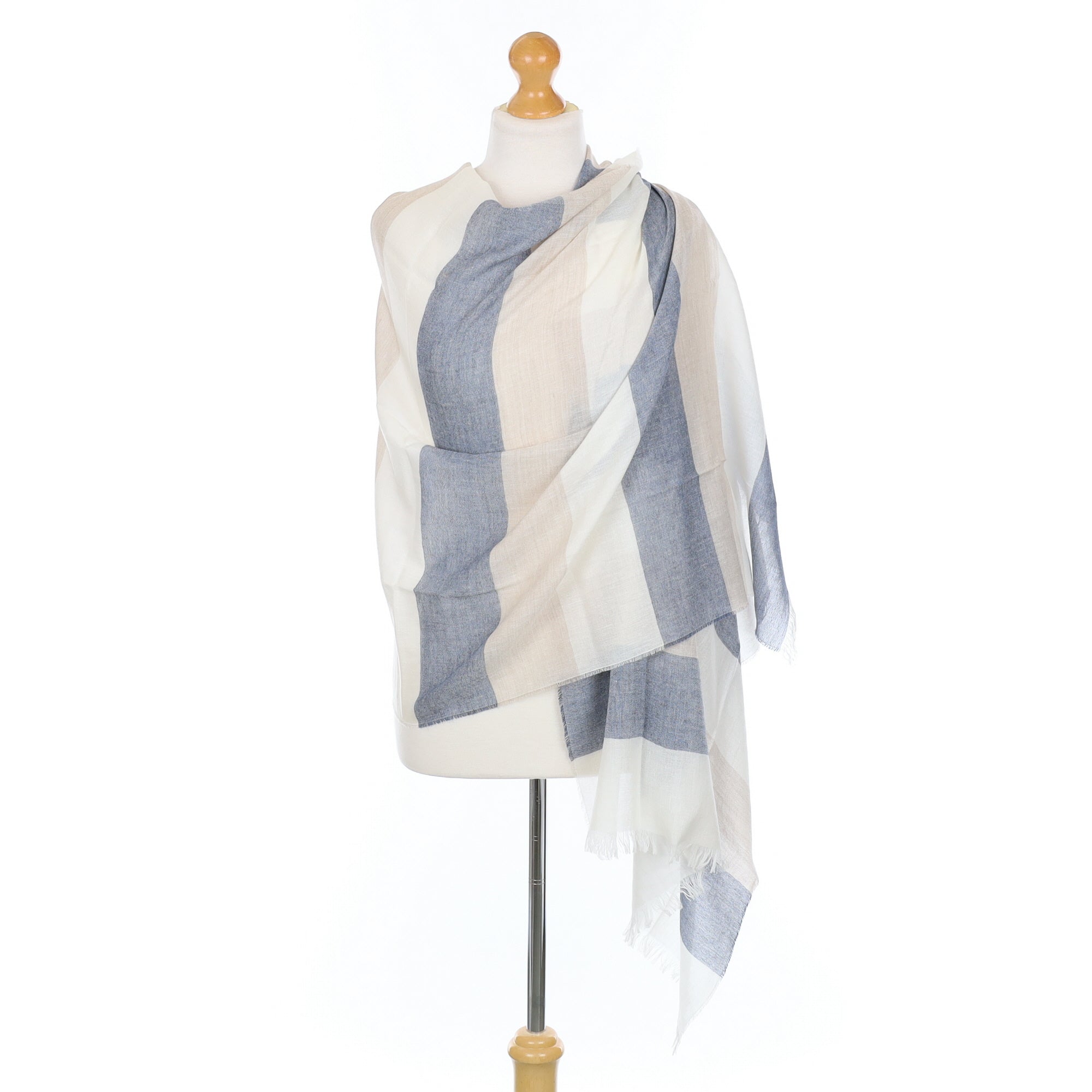 Scottish Begg & Co Blue and Ivory Stripe Fine Woven Linen Blend Wrap