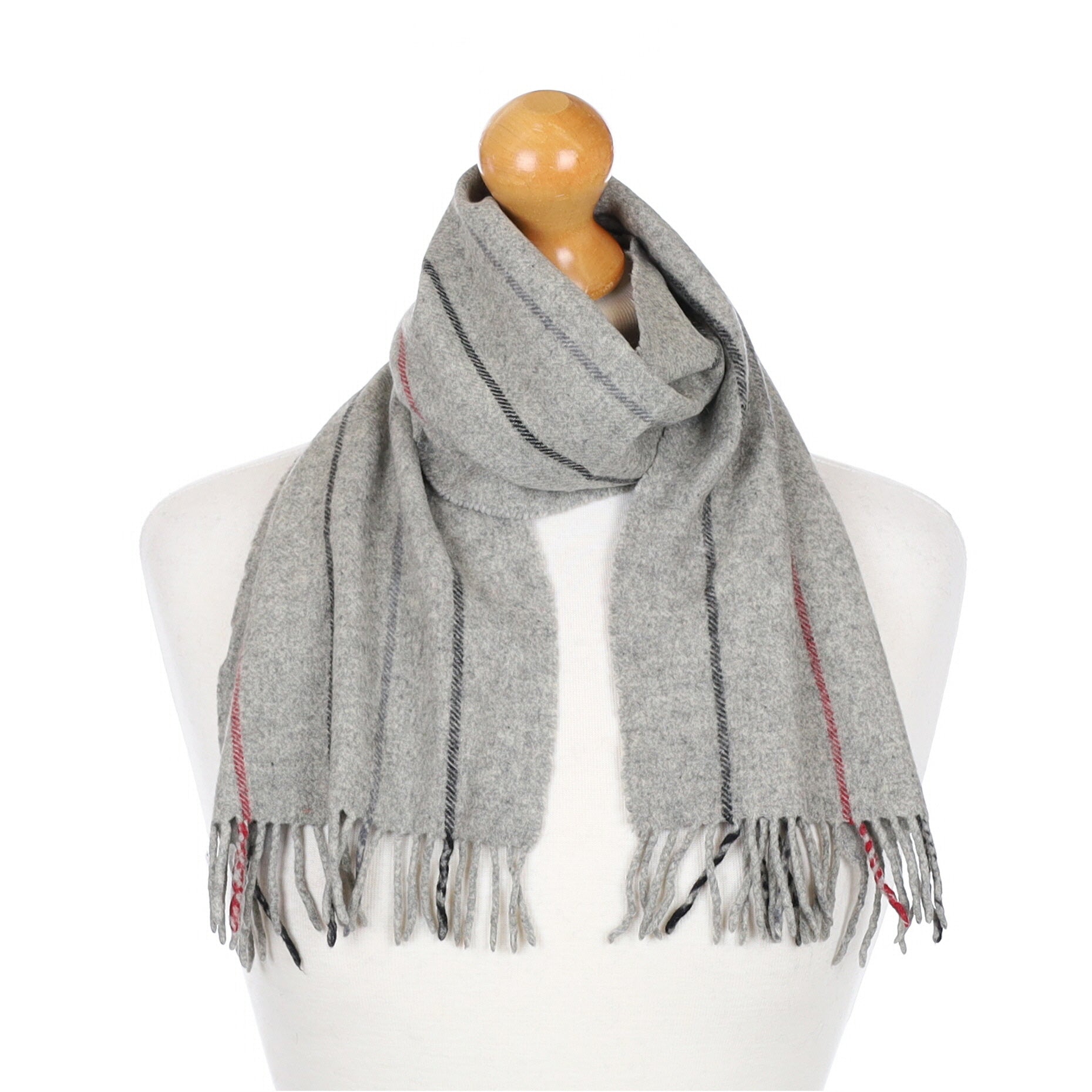 Grey Striped Fringed Cashmere Woven Scarf