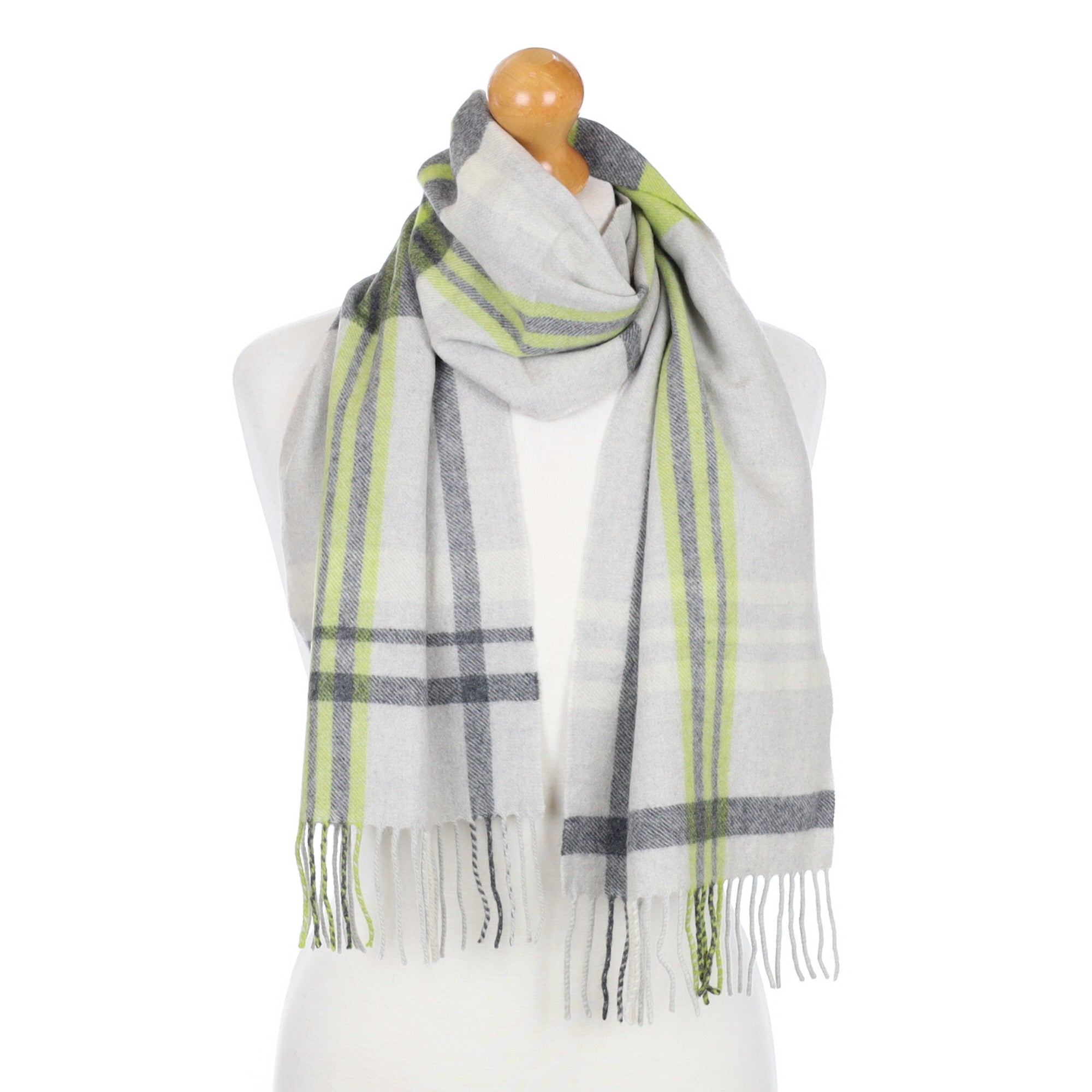 Grey and Green Checked Fringed Cashmere Woven Scarf