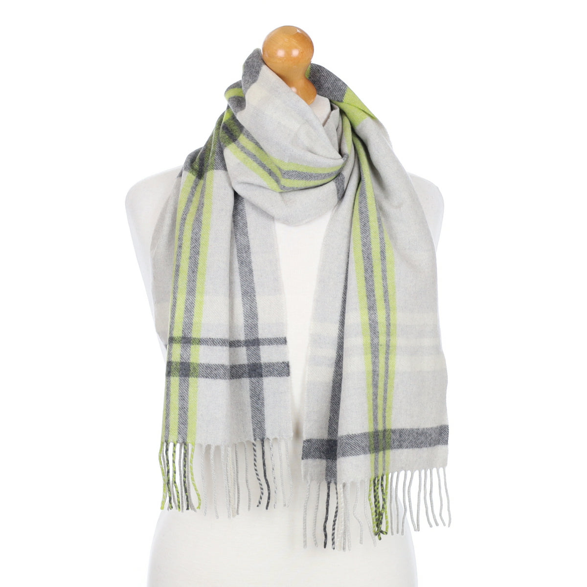 Grey and Green Checked Fringed Cashmere Woven Scarf
