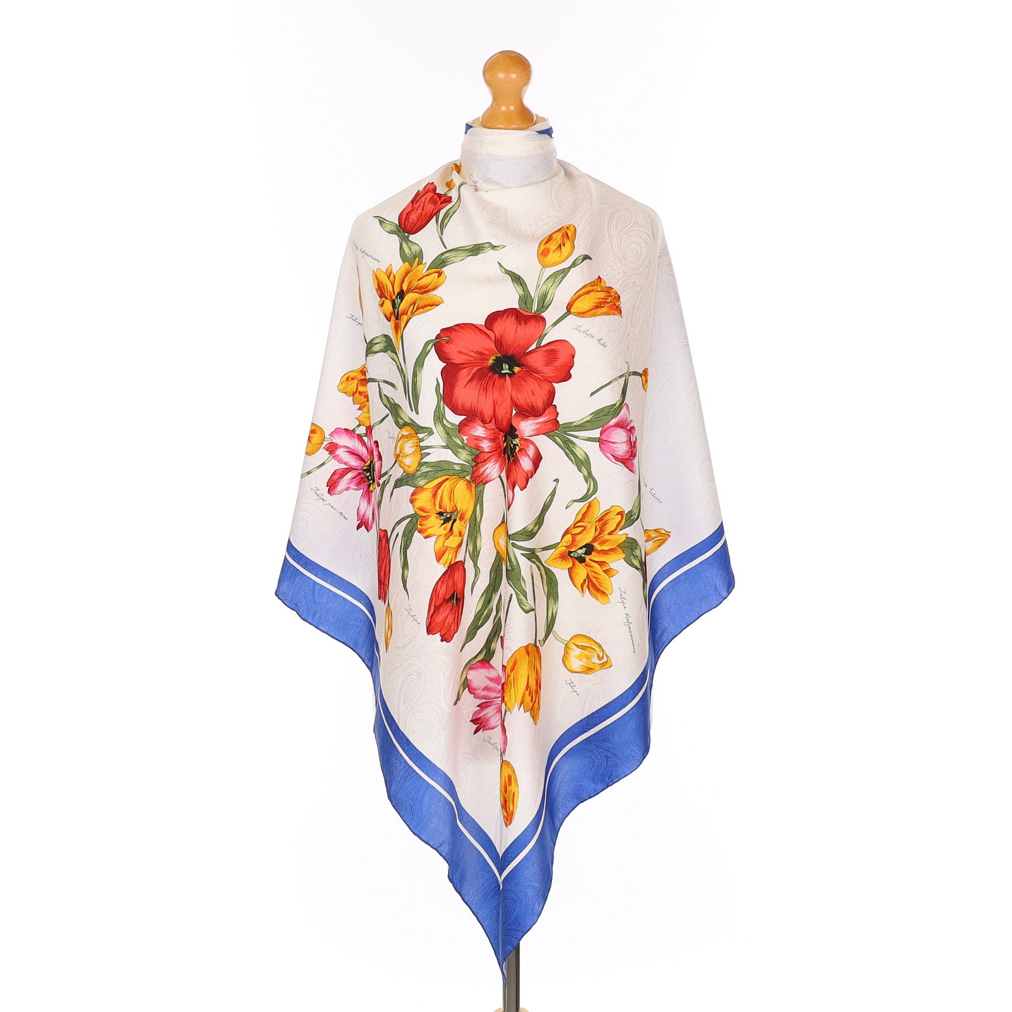 Floral Blue and White Jacquard Silk Scarf