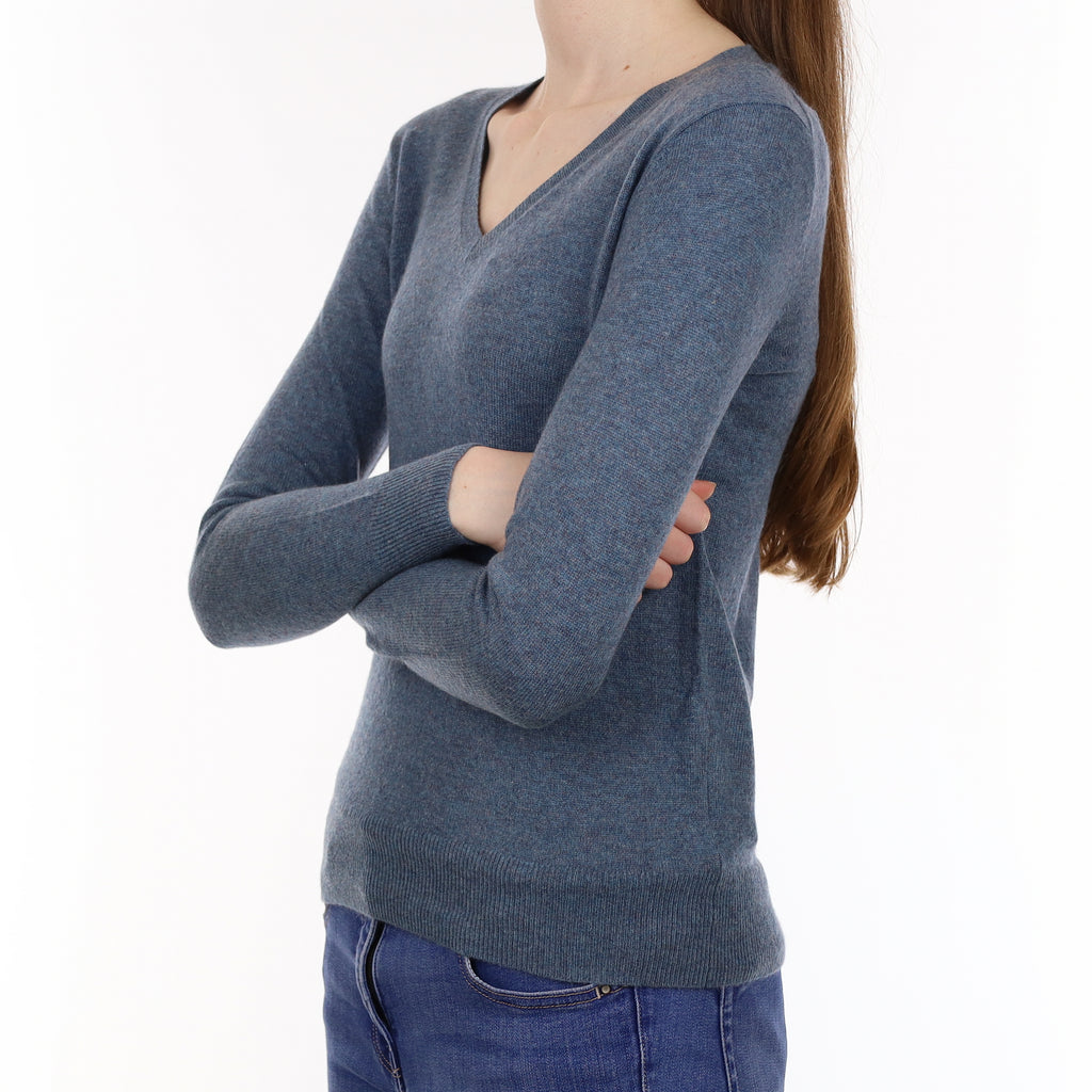 Dusky Denim Blue Cashmere V Neck Jumper Extra Small