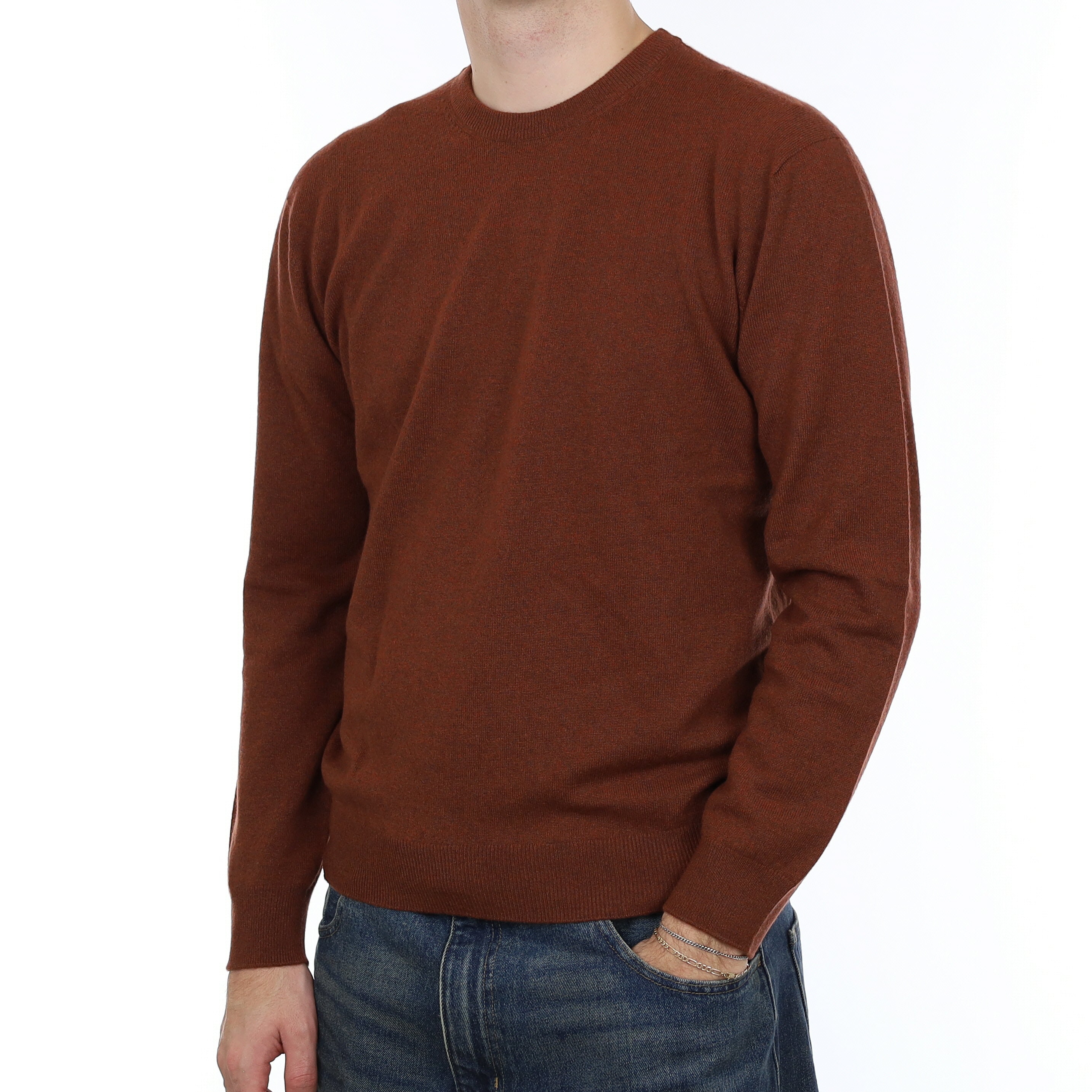 Men’s Brand New Scottish Rust Brown Cashmere Crew Neck Jumper Medium