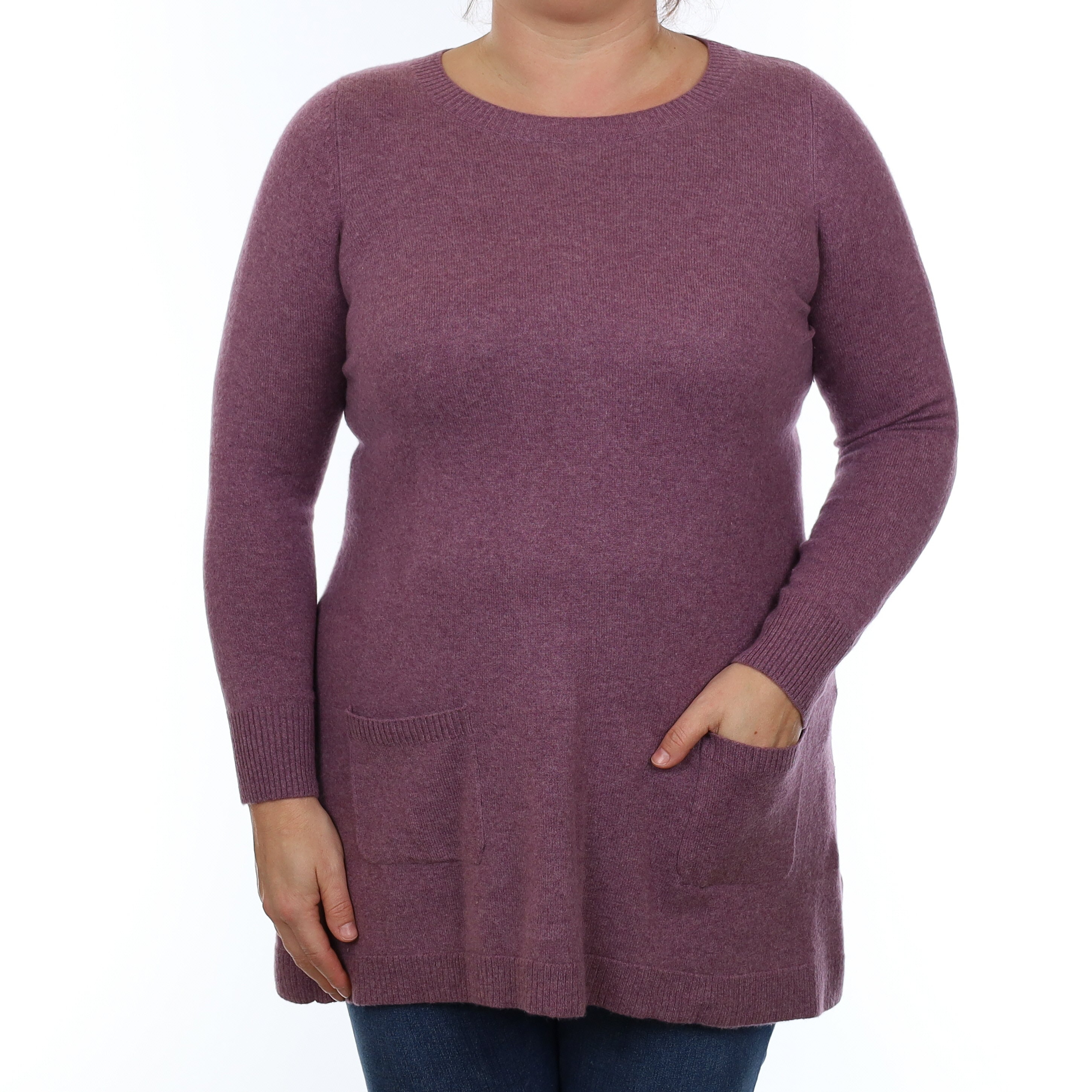 Heather Purple Cashmere Crew Neck Tunic Jumper with Pockets Large