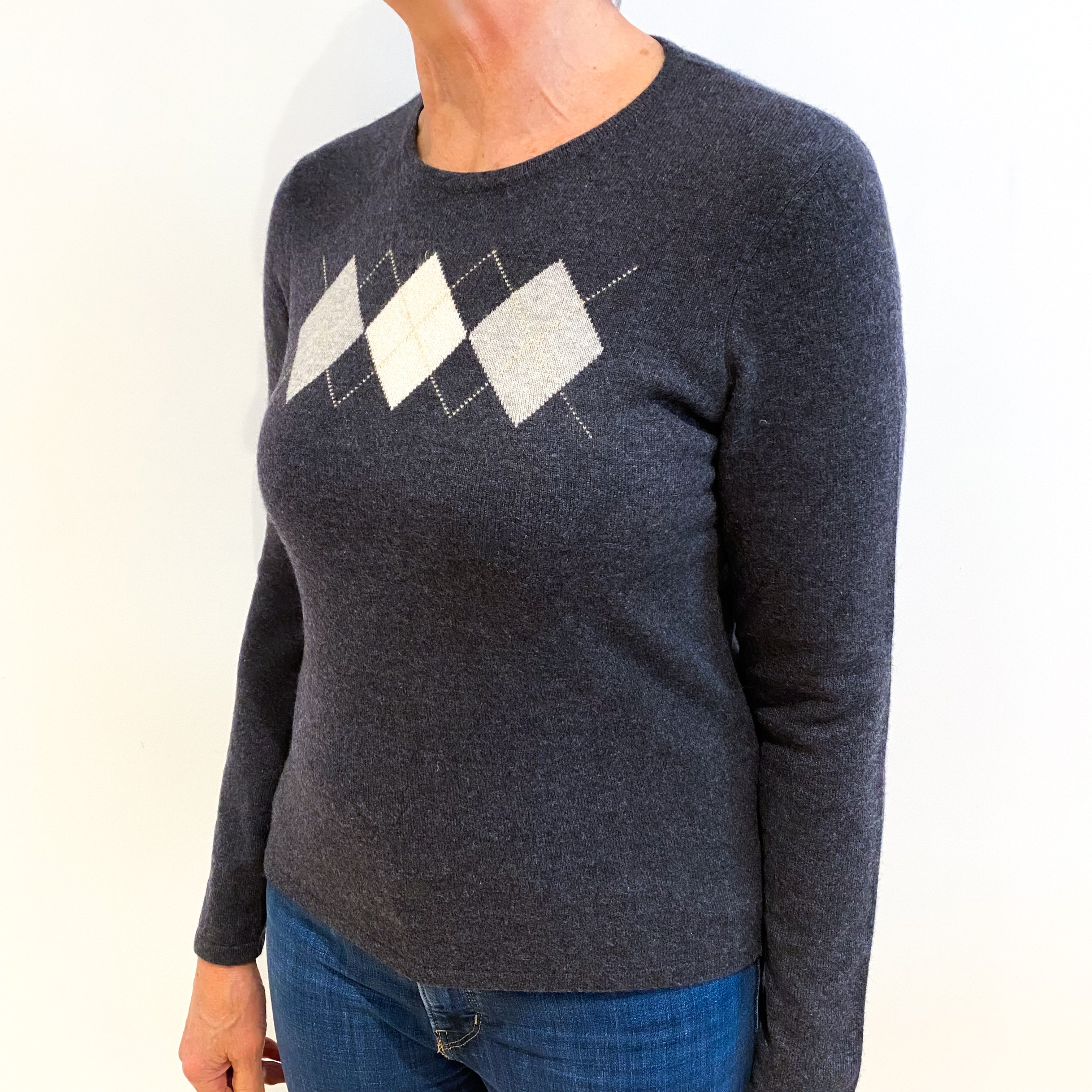 Slate Grey Diamond Cashmere Crew Neck Jumper Medium Petite