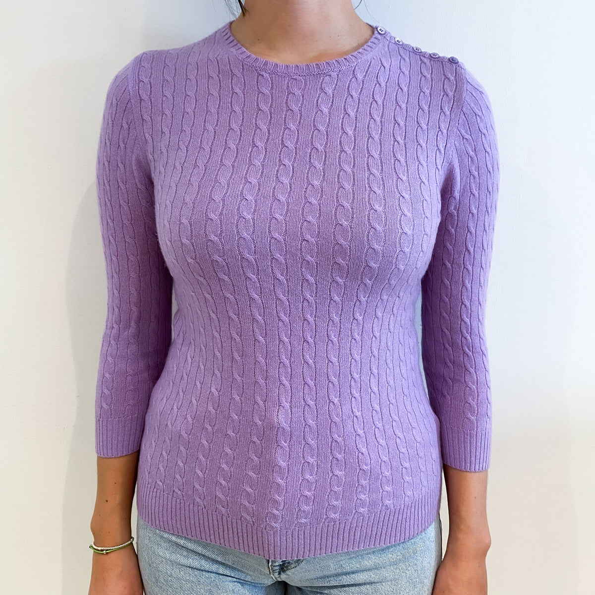 Lavender Purple Cable Cashmere Crew Neck Jumper Small