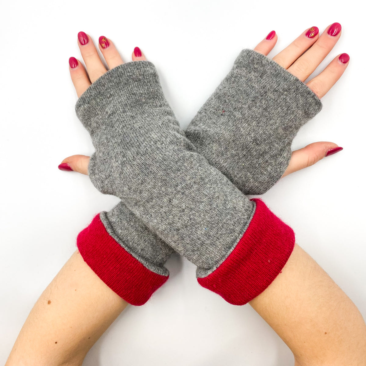 Ash Grey and Red Luxury Reversible Cashmere Fingerless Gloves