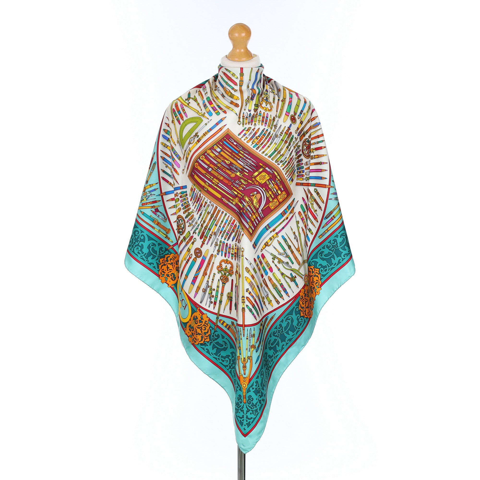 Gucci Stationery Themed Teal Silk Scarf