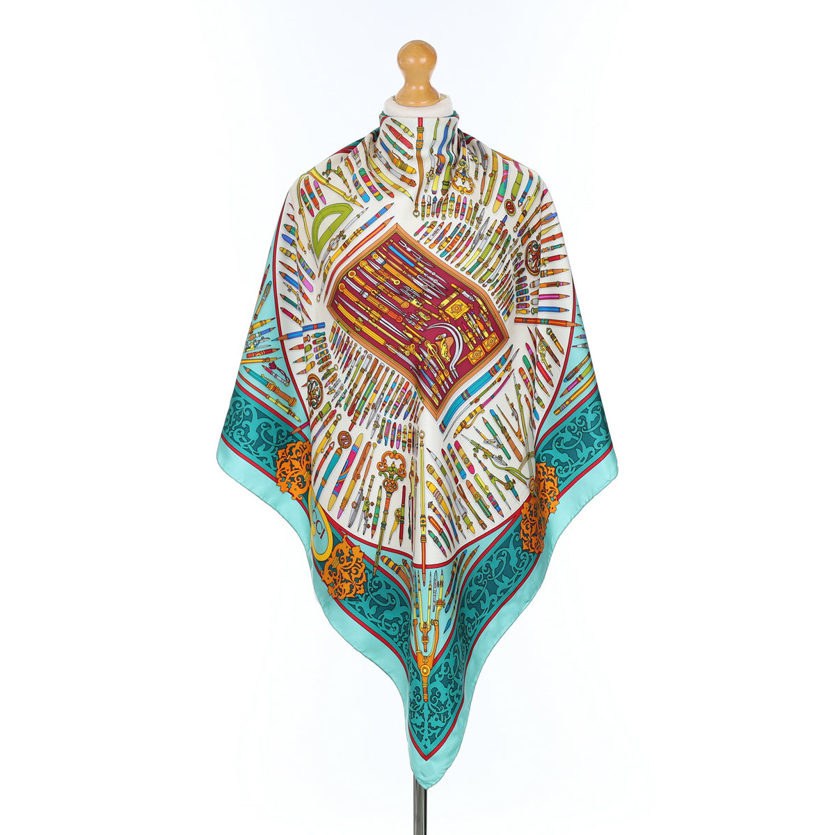Gucci Stationery Themed Teal Silk Scarf