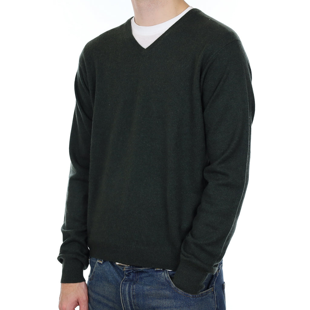 Men’s Deep Khaki Green Cashmere V Neck Jumper Large