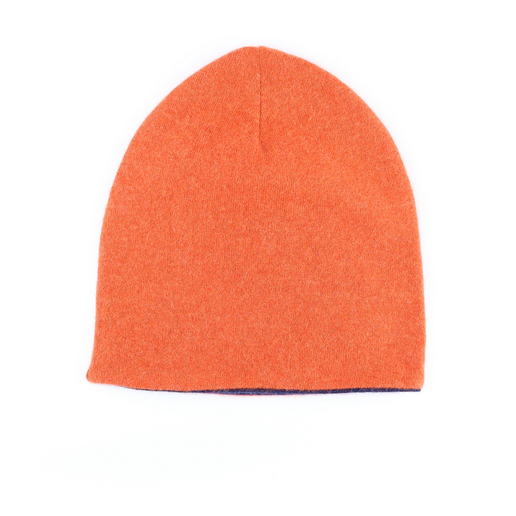 Navy and Burnt Orange Reversible Cashmere Beanie Hat