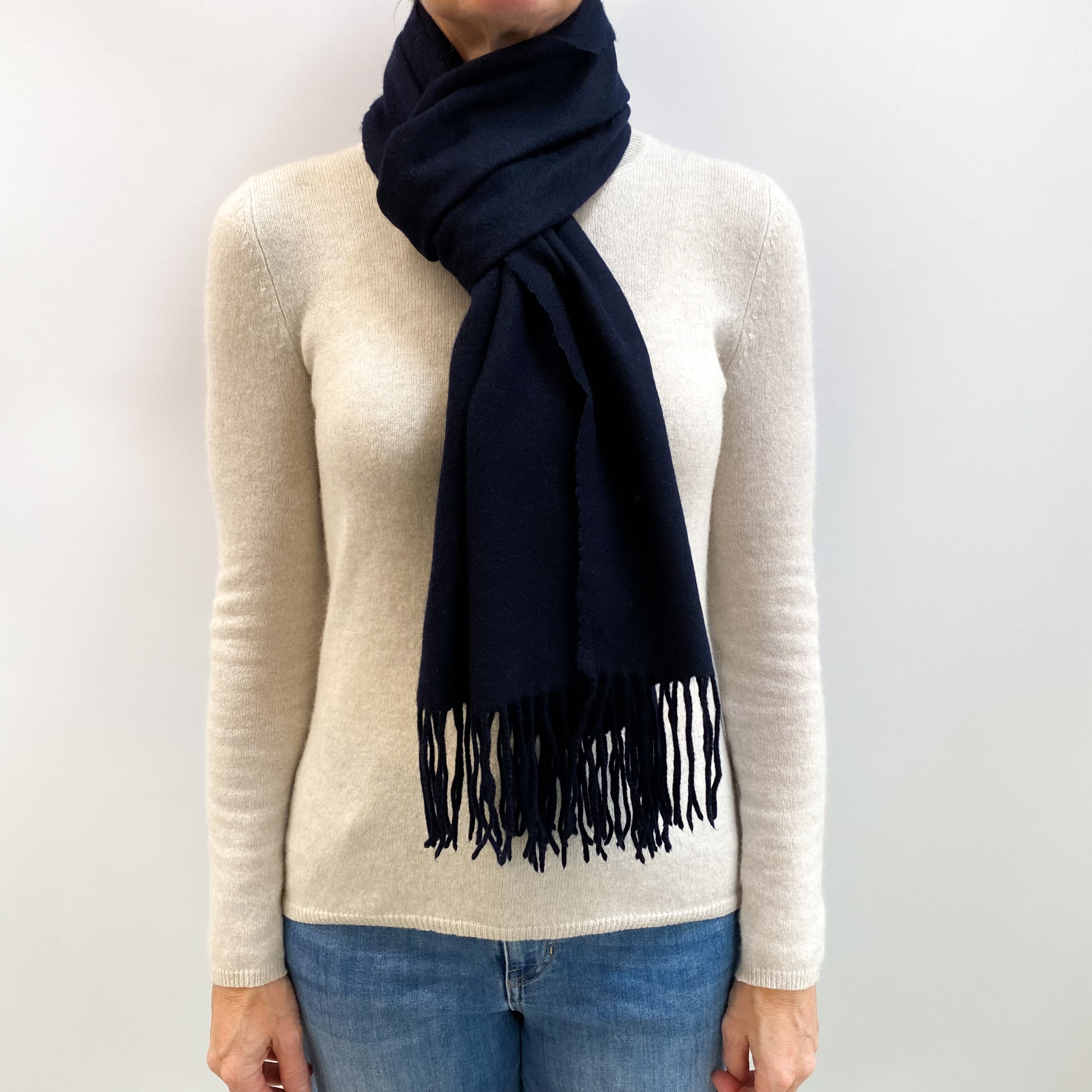 Navy Blue Fringed Cashmere Woven Scarf