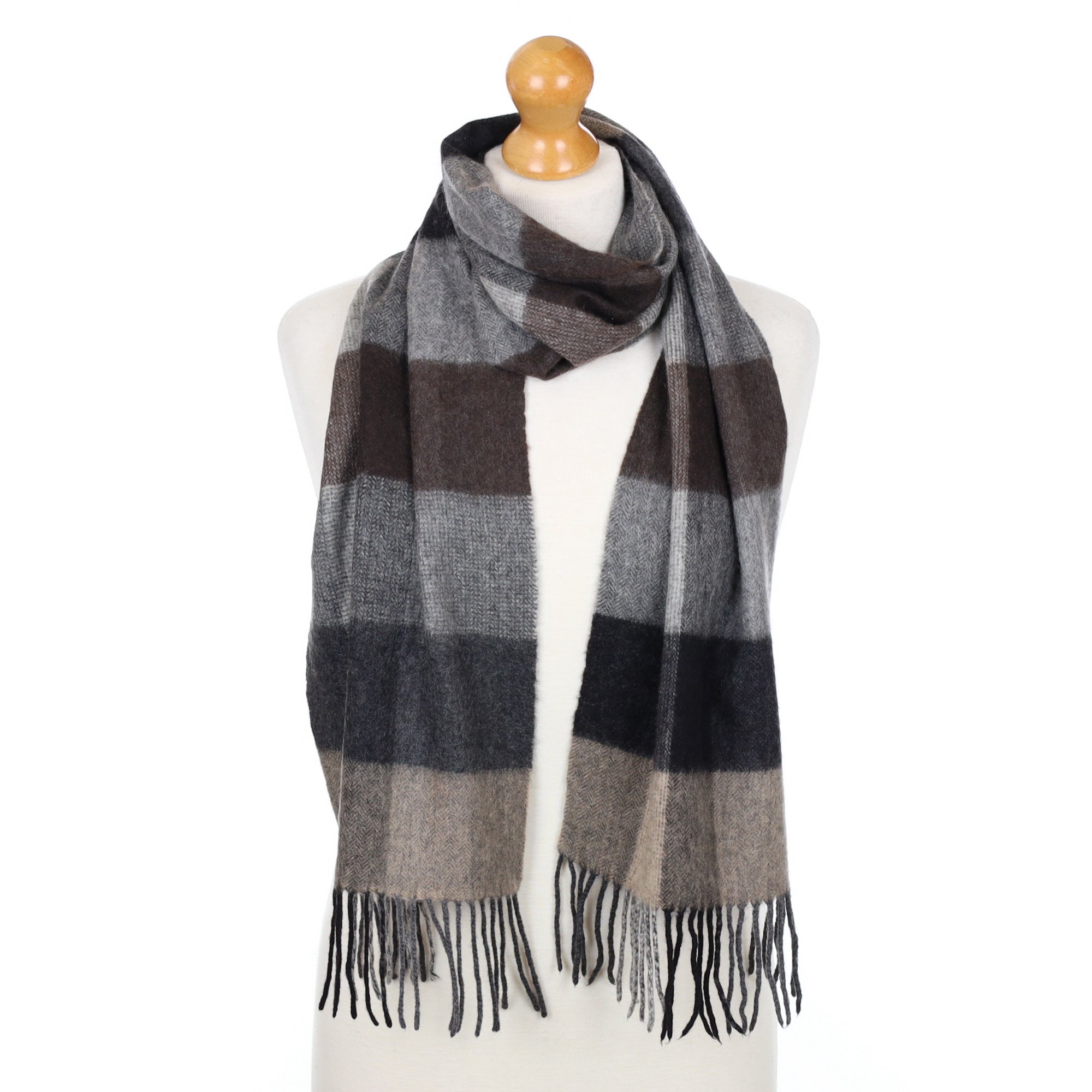 Grey and Brown Checked Fringed Cashmere Woven Scarf