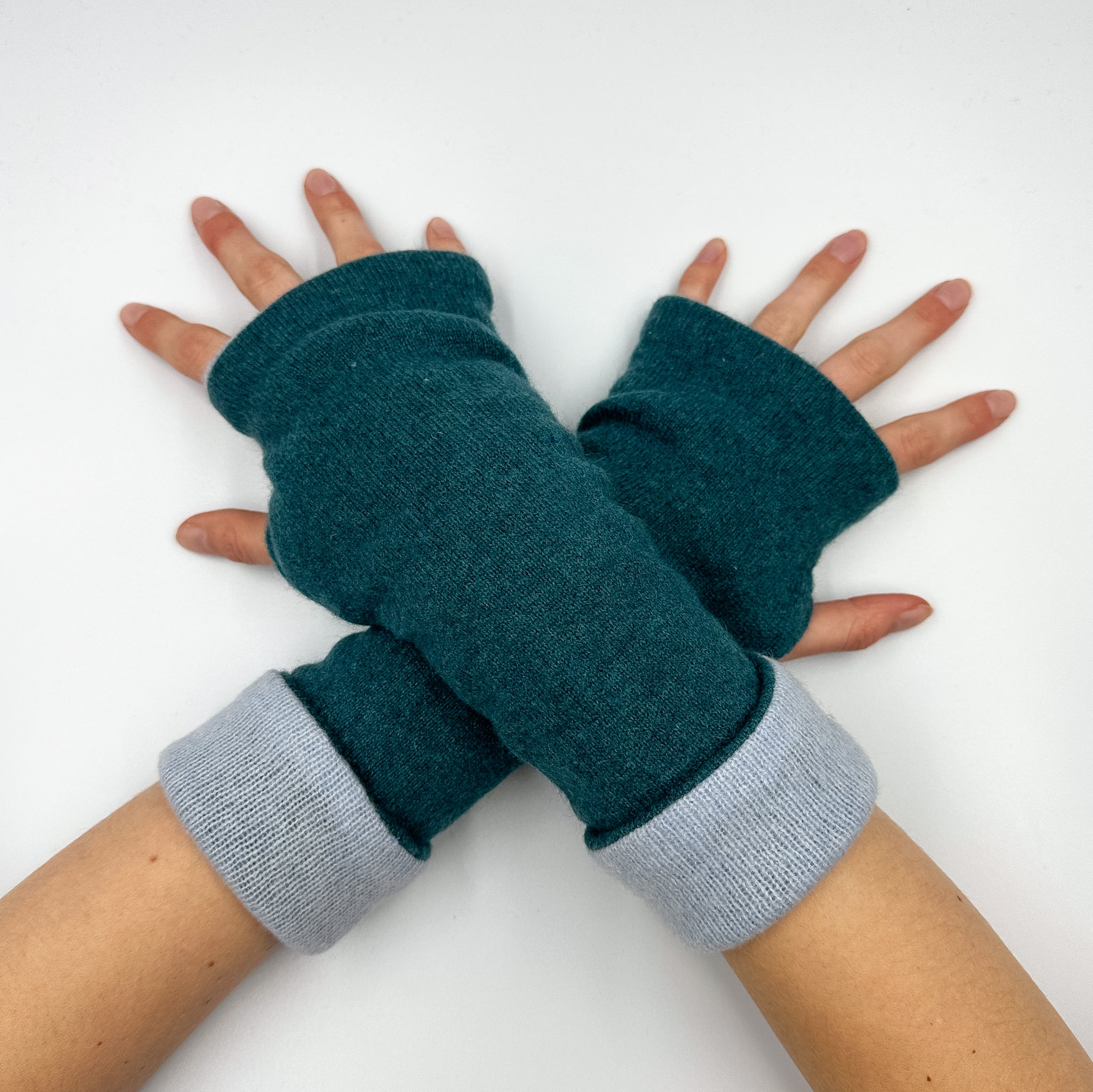 Ocean Green and Pastel Blue Luxury Reversible Cashmere Fingerless Gloves