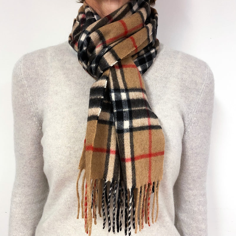 Red, Black and Camel Brown Tartan Fringed Cashmere Woven Scarf