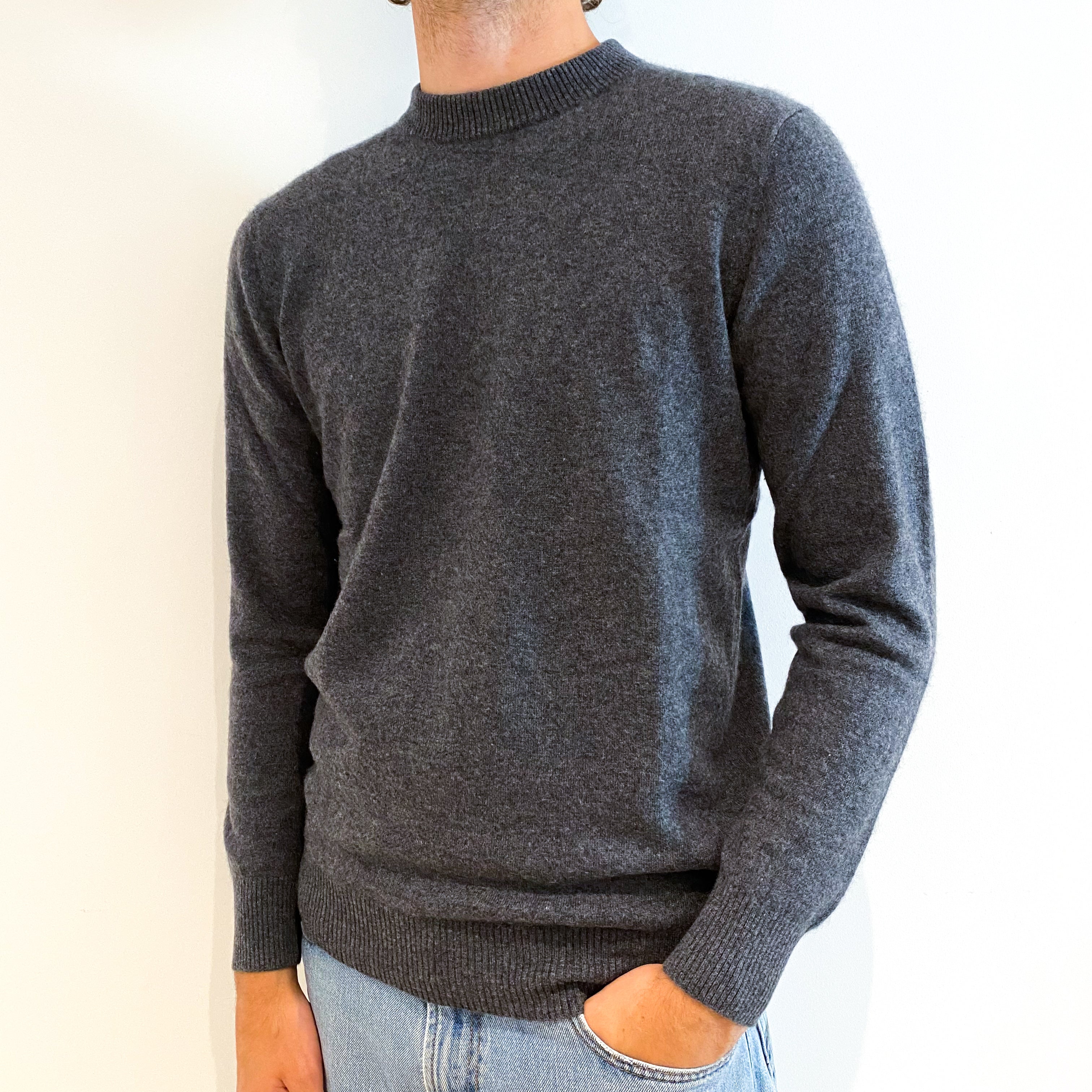 Men's Charcoal Grey Cashmere Crew Neck Jumper Large